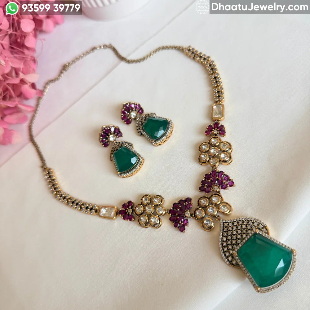 Handcrafted Gold-Plated Emerald Green Stone Collar Set with Real Polki & Moissanite Accents – Ruby Pink Meenakari Detail Earrings and Necklace