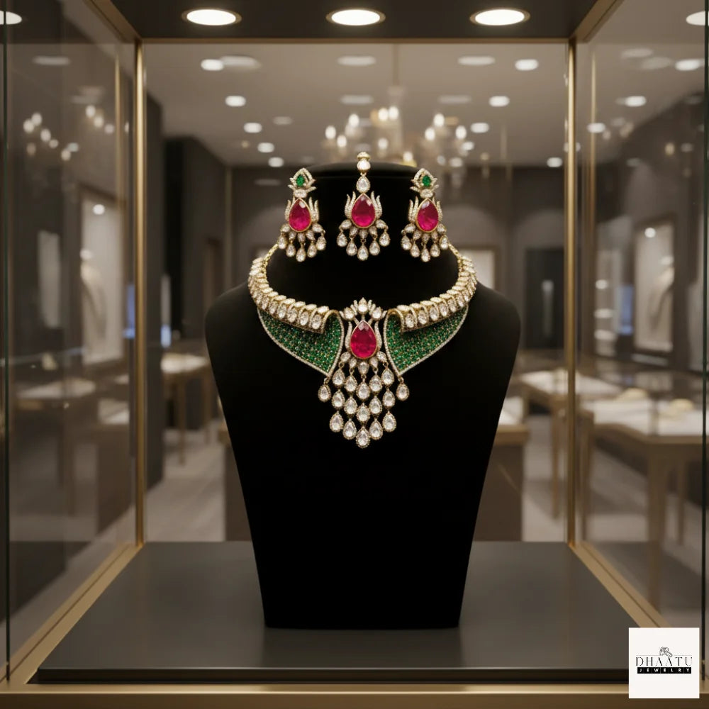 Regal Emerald & Ruby Polki Choker Set – Handcrafted Traditional Necklace with Earrings & Maang Tikka