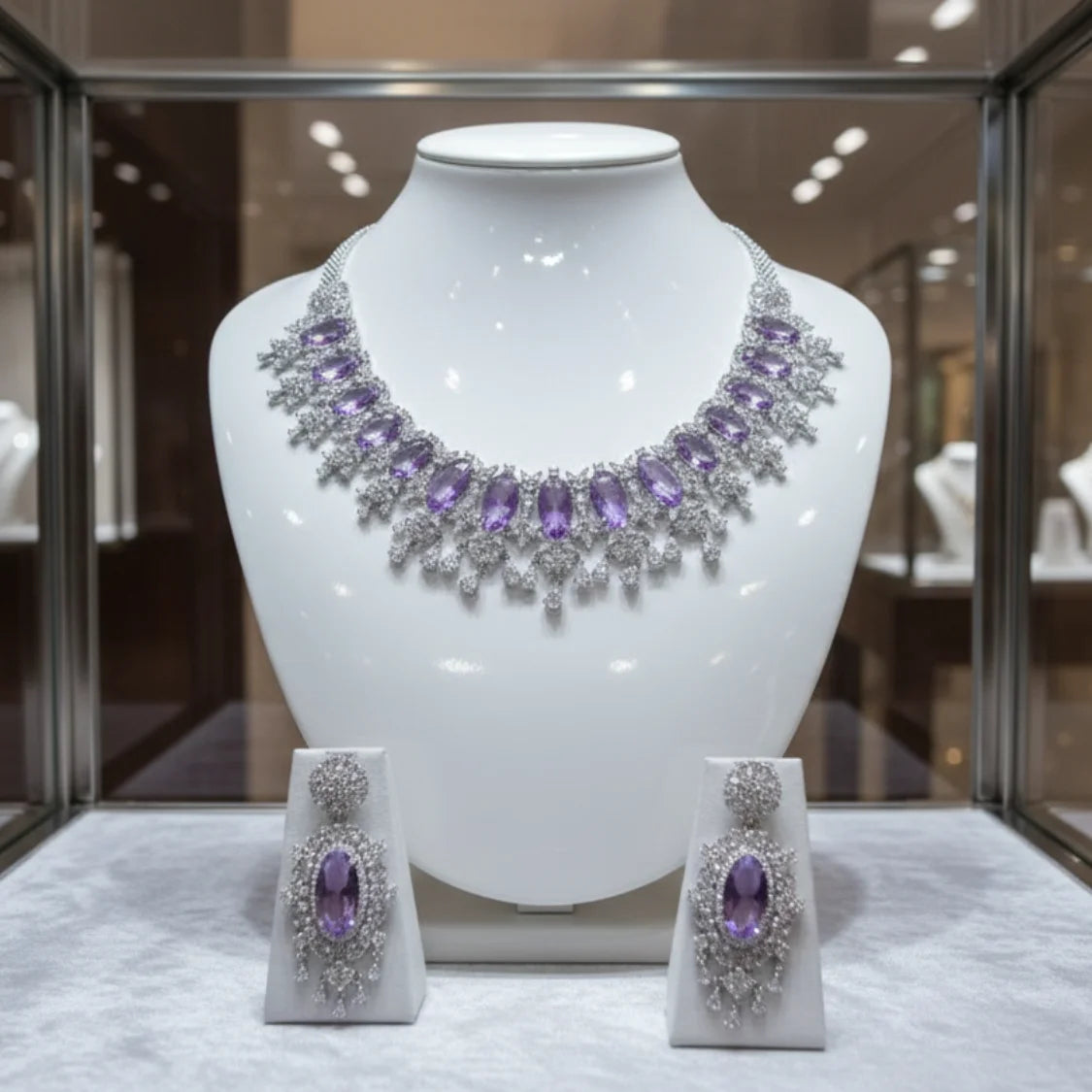 Luxury Amethyst Purple American Diamond Choker Necklace & Earring Set - AD Bridal / Party Wear Jewelry