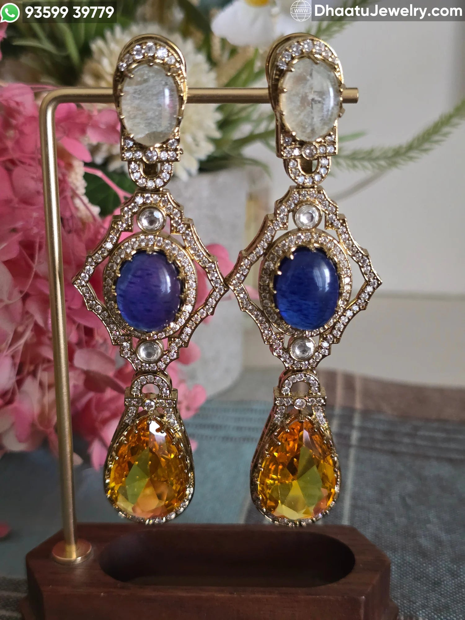 Antique Mehendi Plated Moissanite Drop Earrings with Blue & Amber Doublet Stones