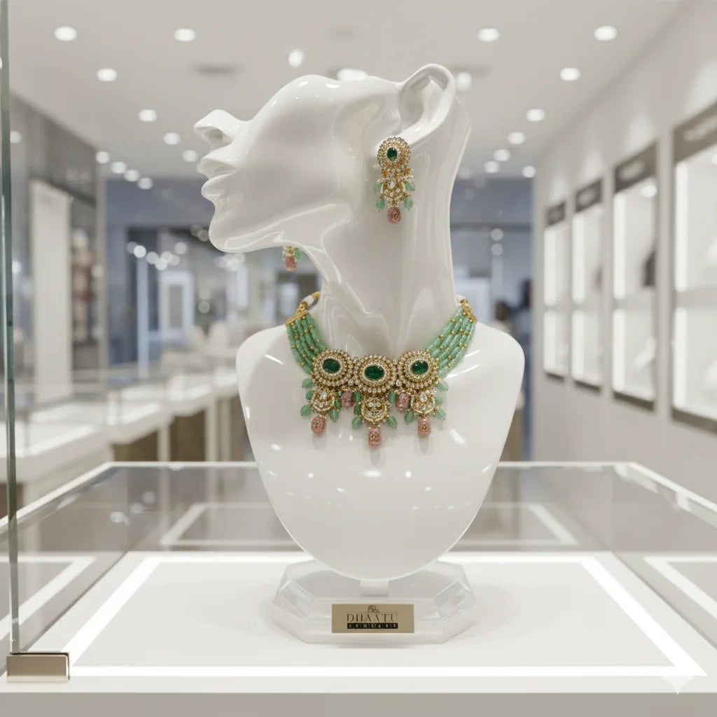 Regal Polki Style Green & Pink Beaded Choker Necklace and Earring Set | Indian Wedding Jewelry