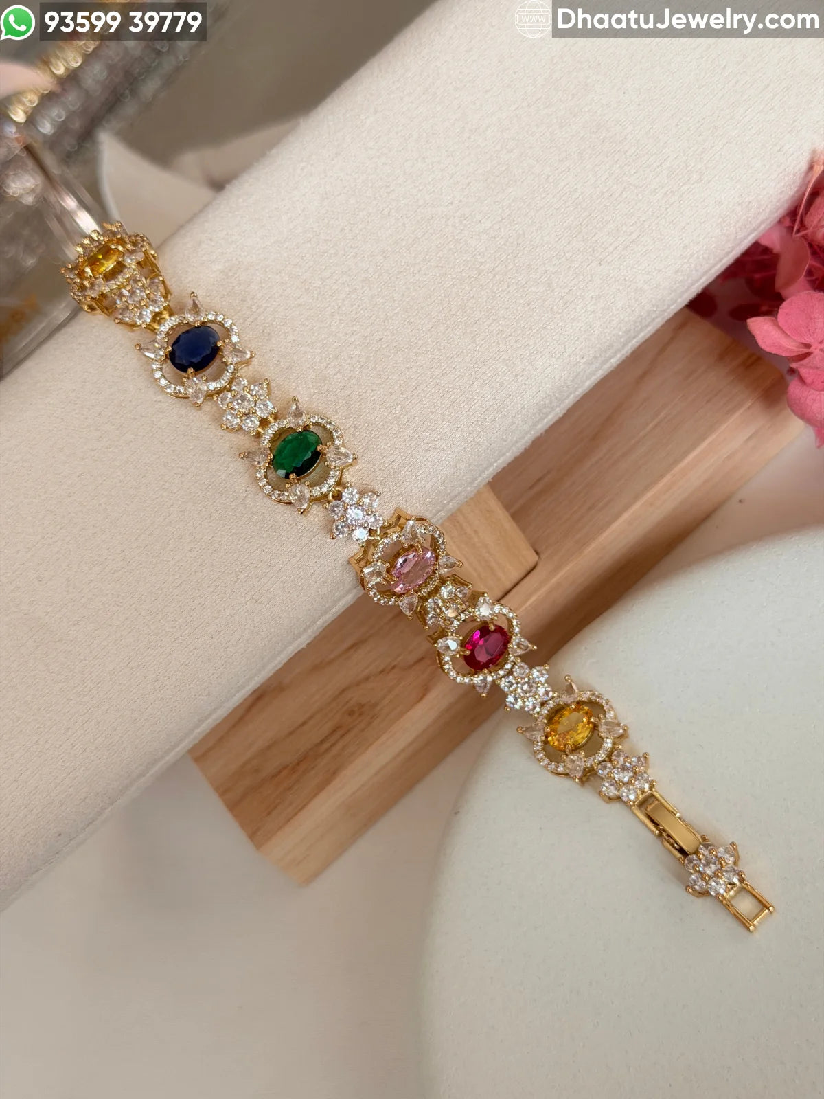 Multicolor and Pink Floral Crystal Statement Bracelet - Gold & Silver Toned - 18cm to 21cm Adjustable Length