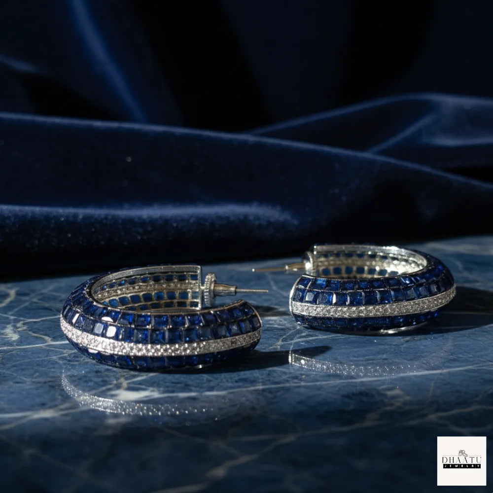 Royal Blue Princess-Cut Statement Hoops with Cubic Zirconia Accents – Silver Plated