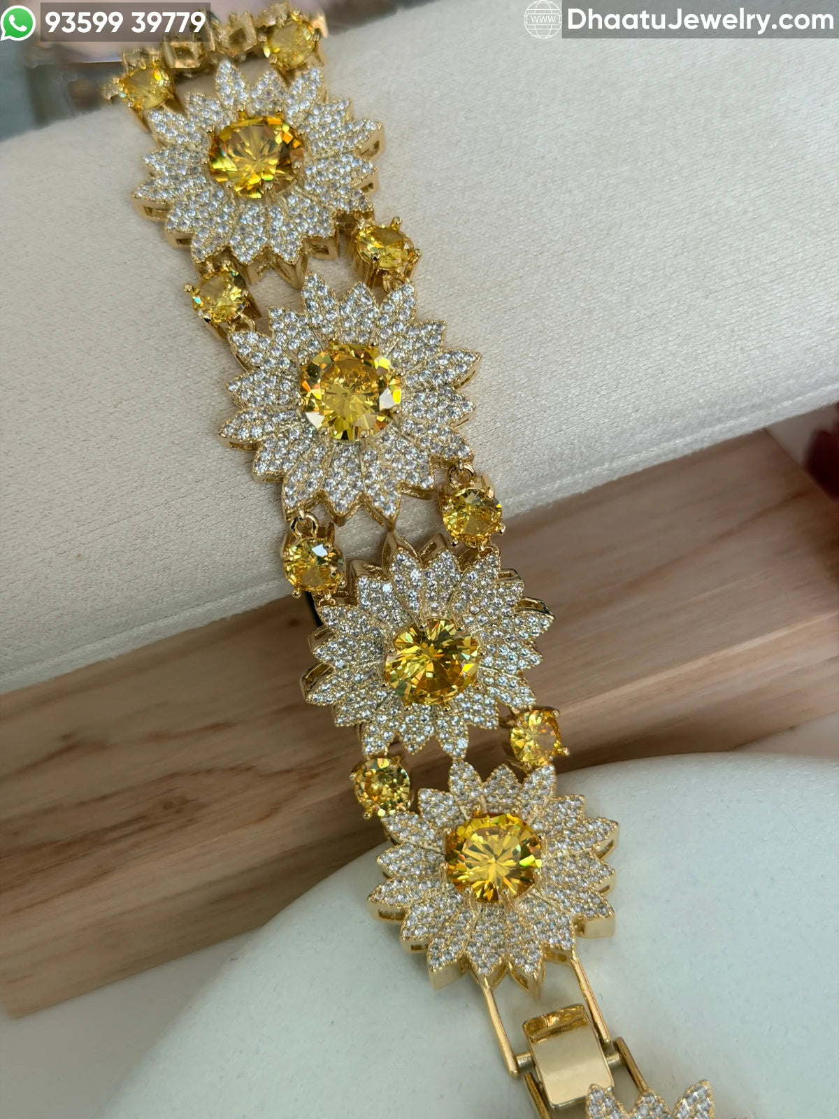 Floral Burst 18k Gold Plated Adjustable Bracelet - Zirconia Sunflower Link Design in Multicolor, Canary Yellow, and Ruby Pink (18-21cm)