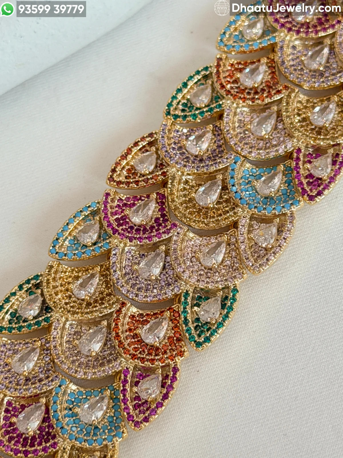 Multicolor Scalloped Peacock Tail Bracelet in Gold & Black Rhodium Finish - 18cm to 21cm Extendable Cubic Zirconia Statement Jewelry