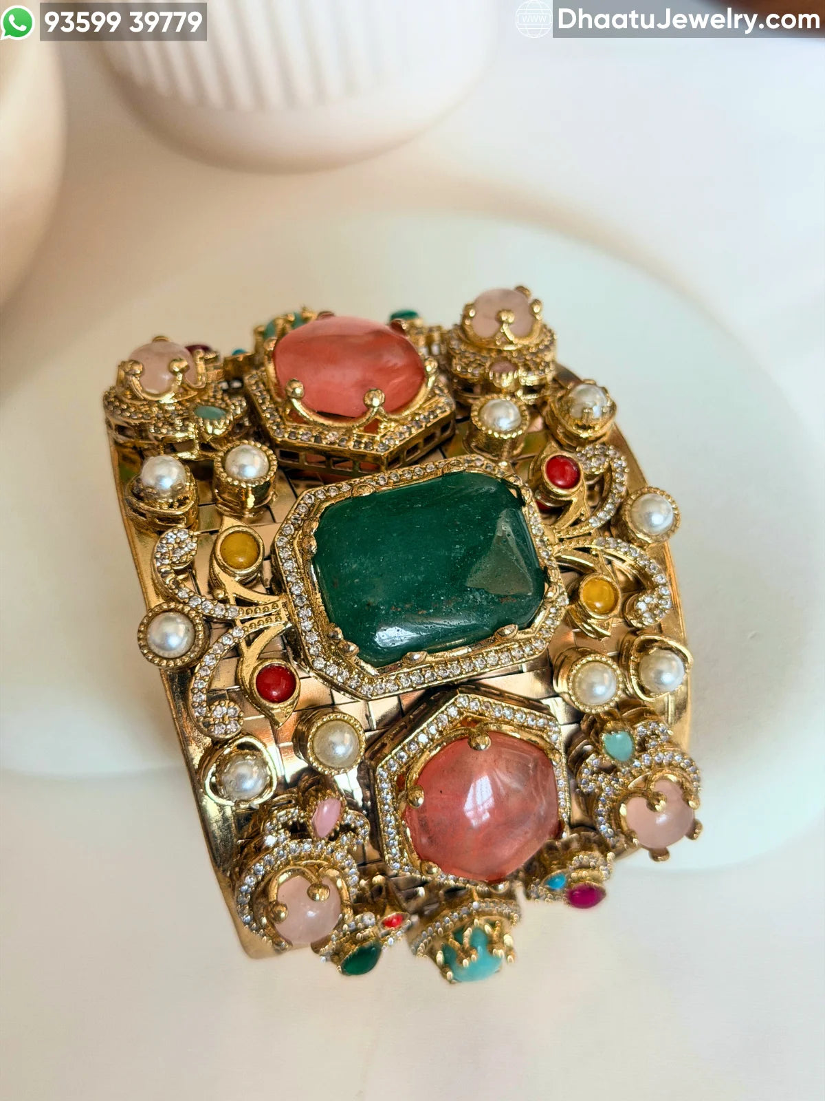 Sabyasachi-Inspired Wide Gold-Plated Brass Cuff Bracelet with Multicolor Doublet Stones & Pearls