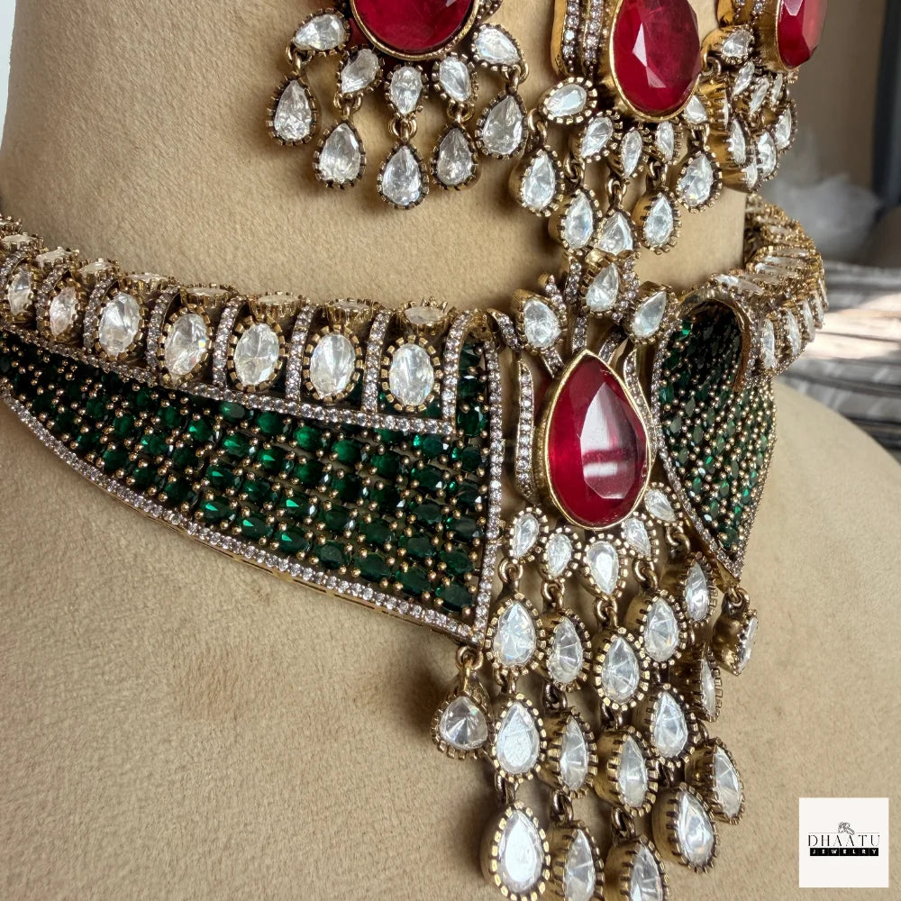 Regal Emerald & Ruby Polki Choker Set – Handcrafted Traditional Necklace with Earrings & Maang Tikka