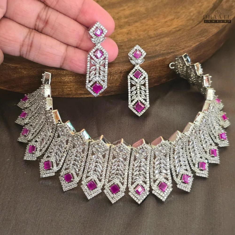 Glamorous CZ & Magenta Gem Choker Jewelry Set