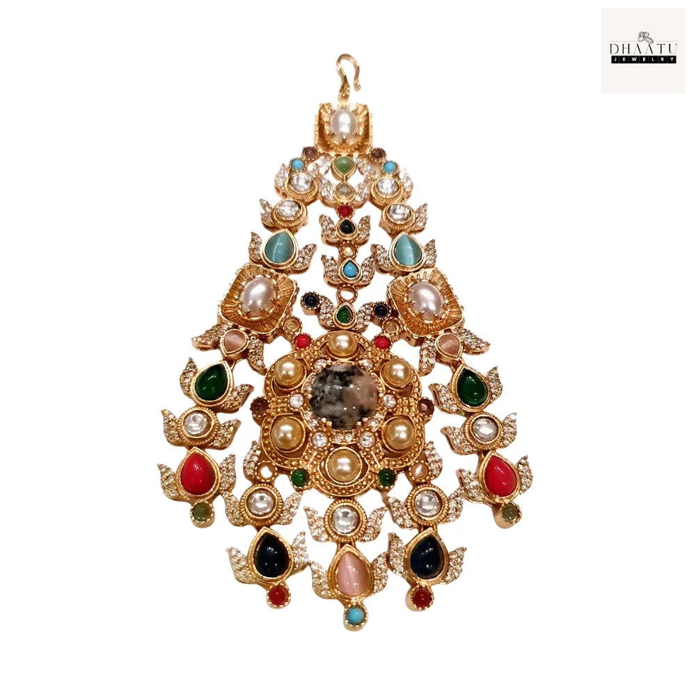 Kundan Passa – Traditional Jhumar Hair Accessory with Pearl Droplets & Multicolor Stones