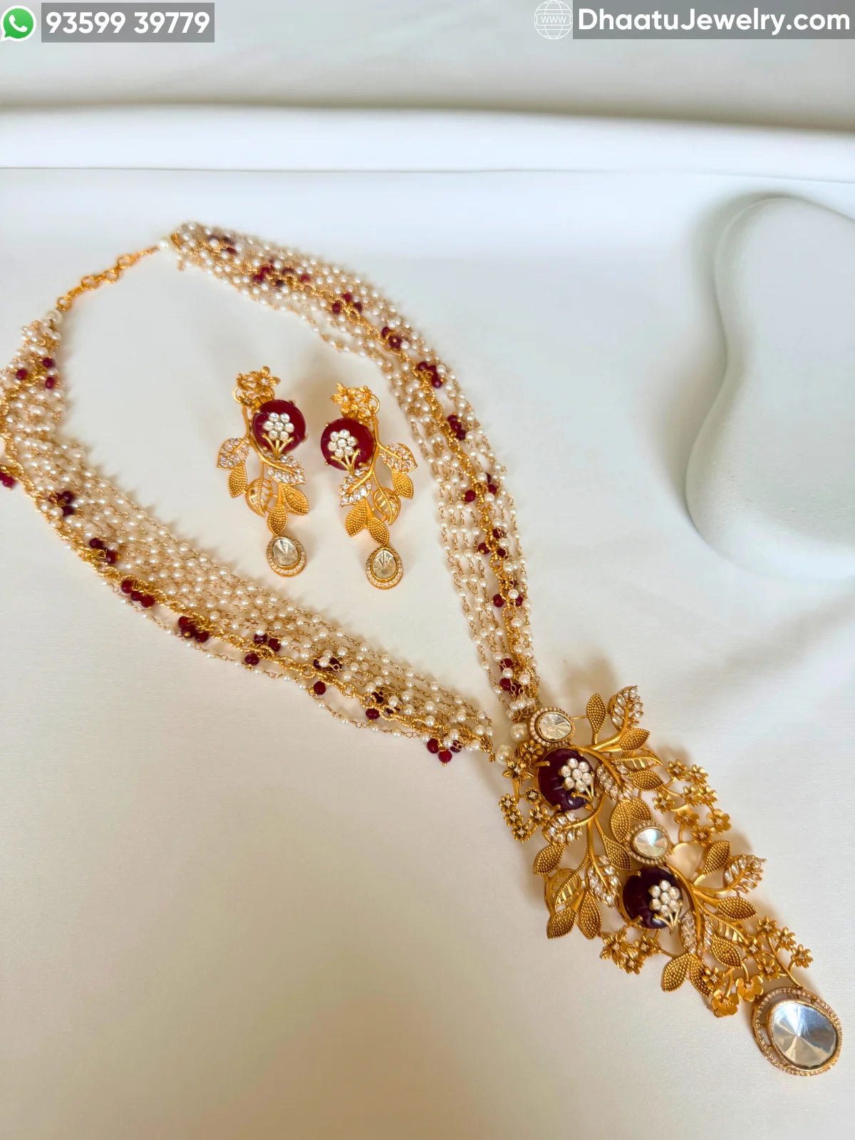 Gold-Finished Brass Floral Kundan & Pearl Layered Necklace Set with Matching Earrings
