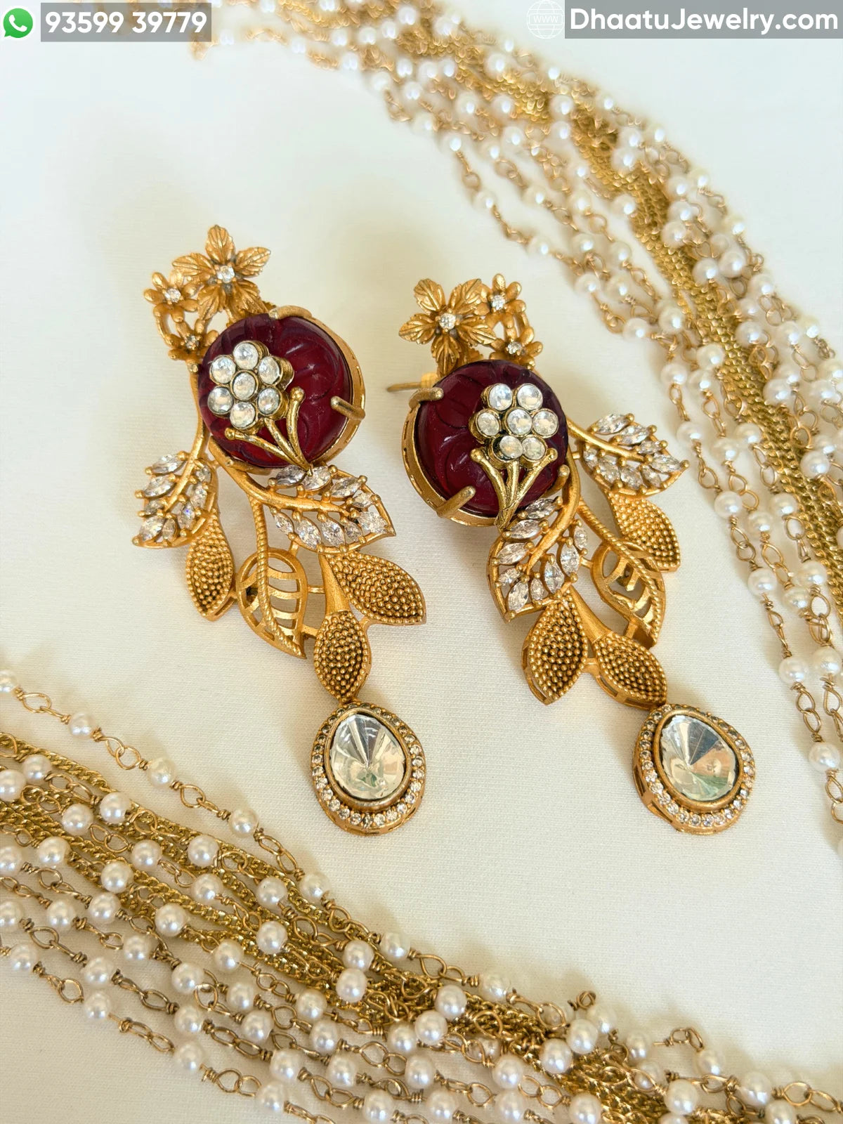 Gold-Finished Brass Floral Kundan & Pearl Layered Necklace Set with Matching Earrings
