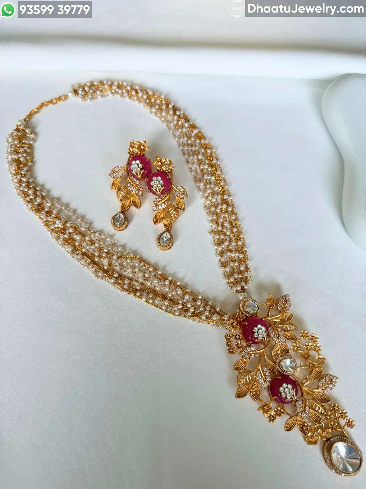 Gold-Finished Brass Floral Kundan & Pearl Layered Necklace Set with Matching Earrings