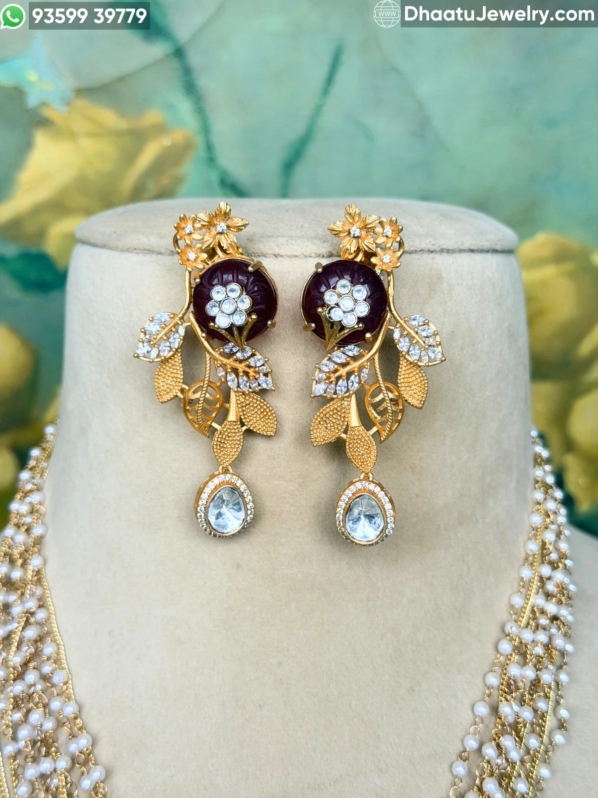 Gold-Finished Brass Floral Kundan & Pearl Layered Necklace Set with Matching Earrings