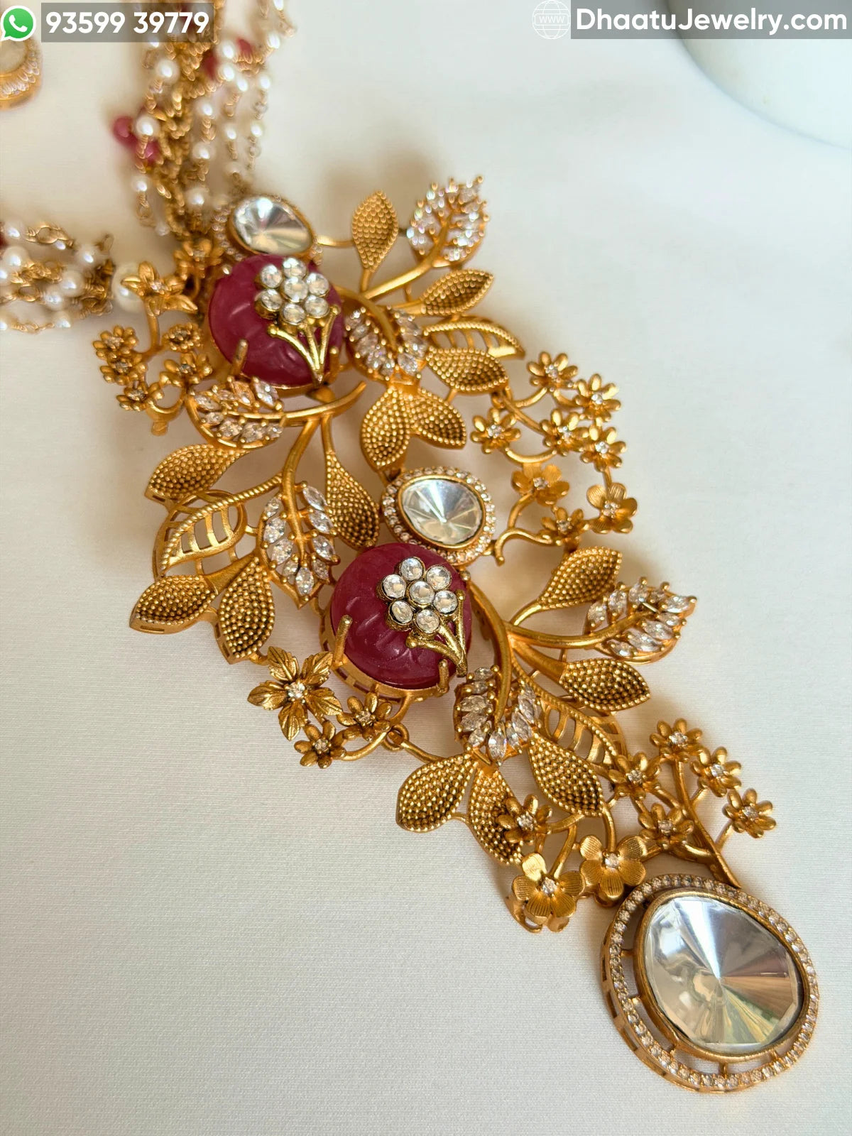 Gold-Finished Brass Floral Kundan & Pearl Layered Necklace Set with Matching Earrings