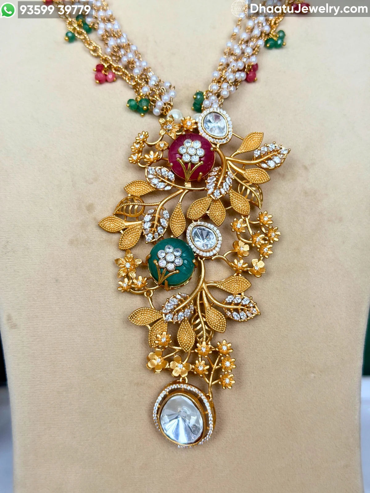 Gold-Finished Brass Floral Kundan & Pearl Layered Necklace Set with Matching Earrings