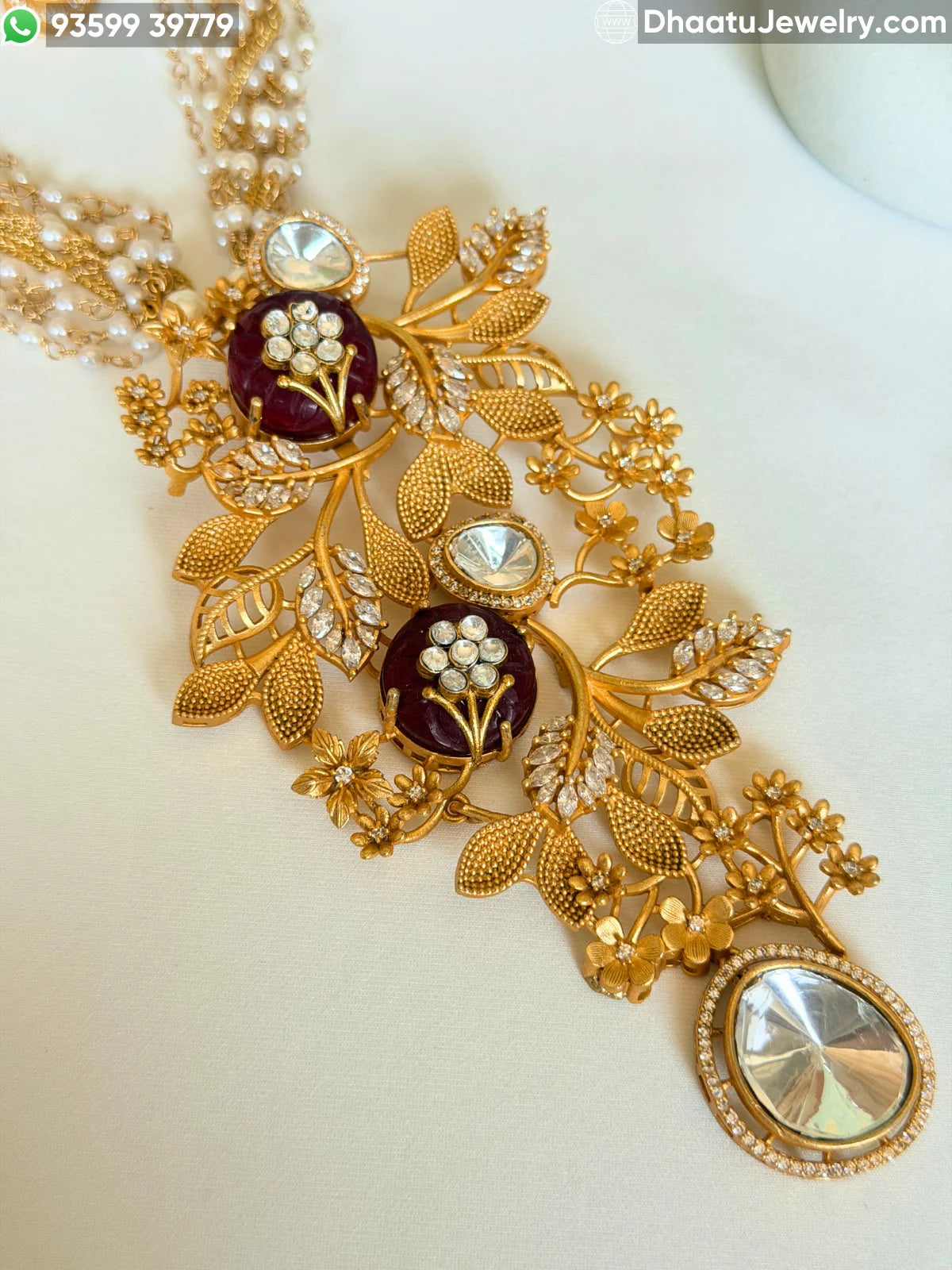Gold-Finished Brass Floral Kundan & Pearl Layered Necklace Set with Matching Earrings