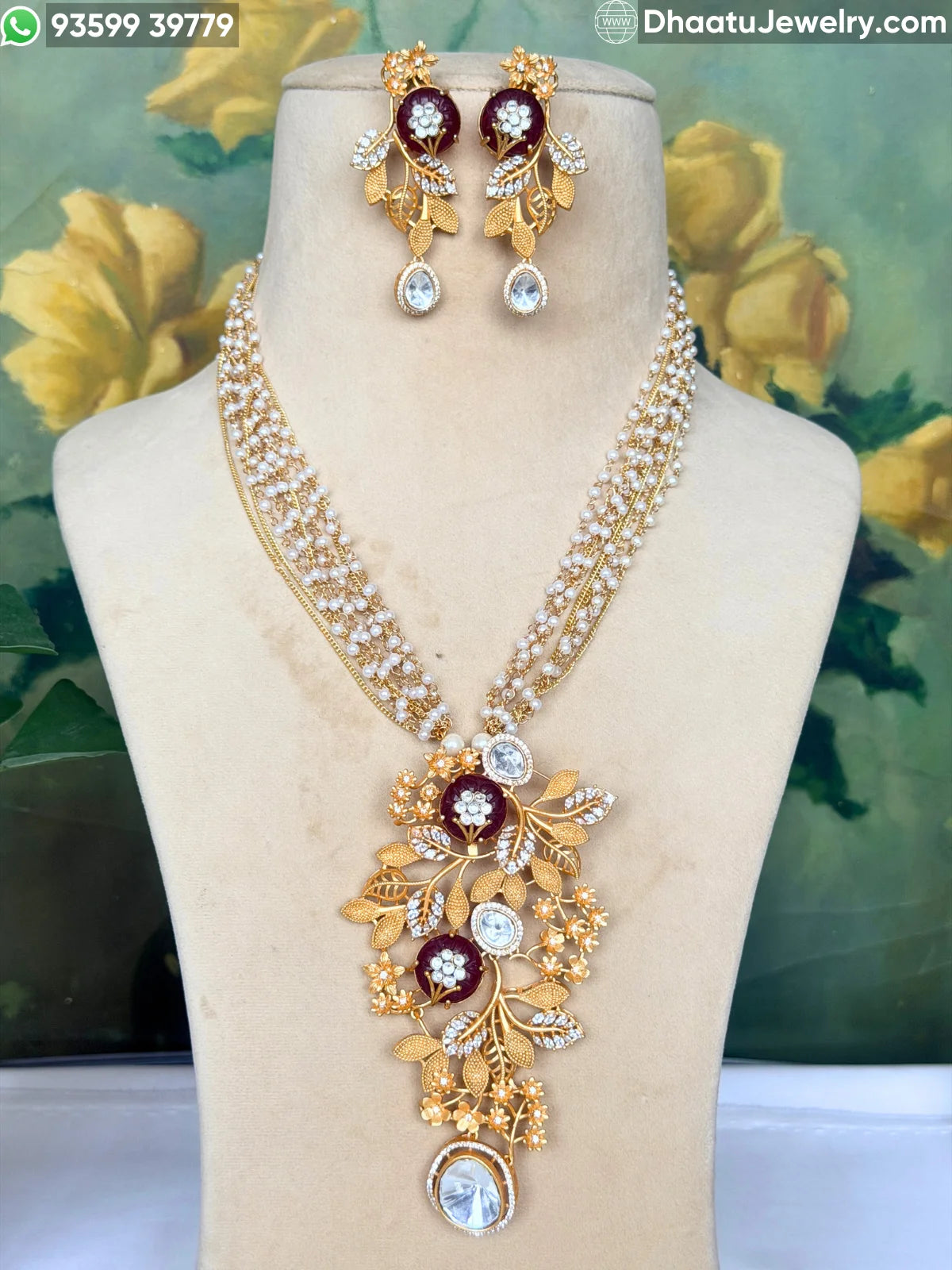 Gold-Finished Brass Floral Kundan & Pearl Layered Necklace Set with Matching Earrings