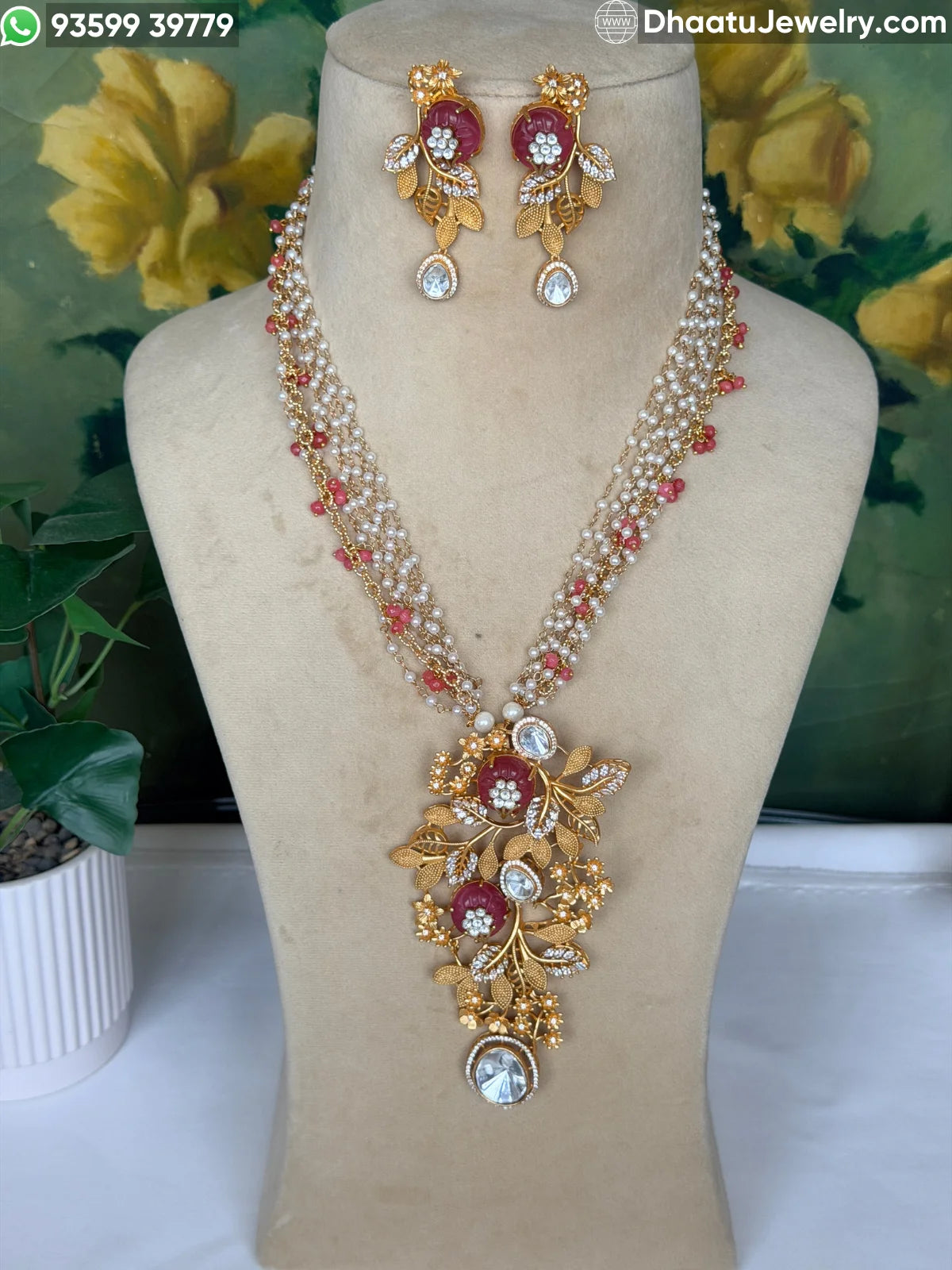 Gold-Finished Brass Floral Kundan & Pearl Layered Necklace Set with Matching Earrings
