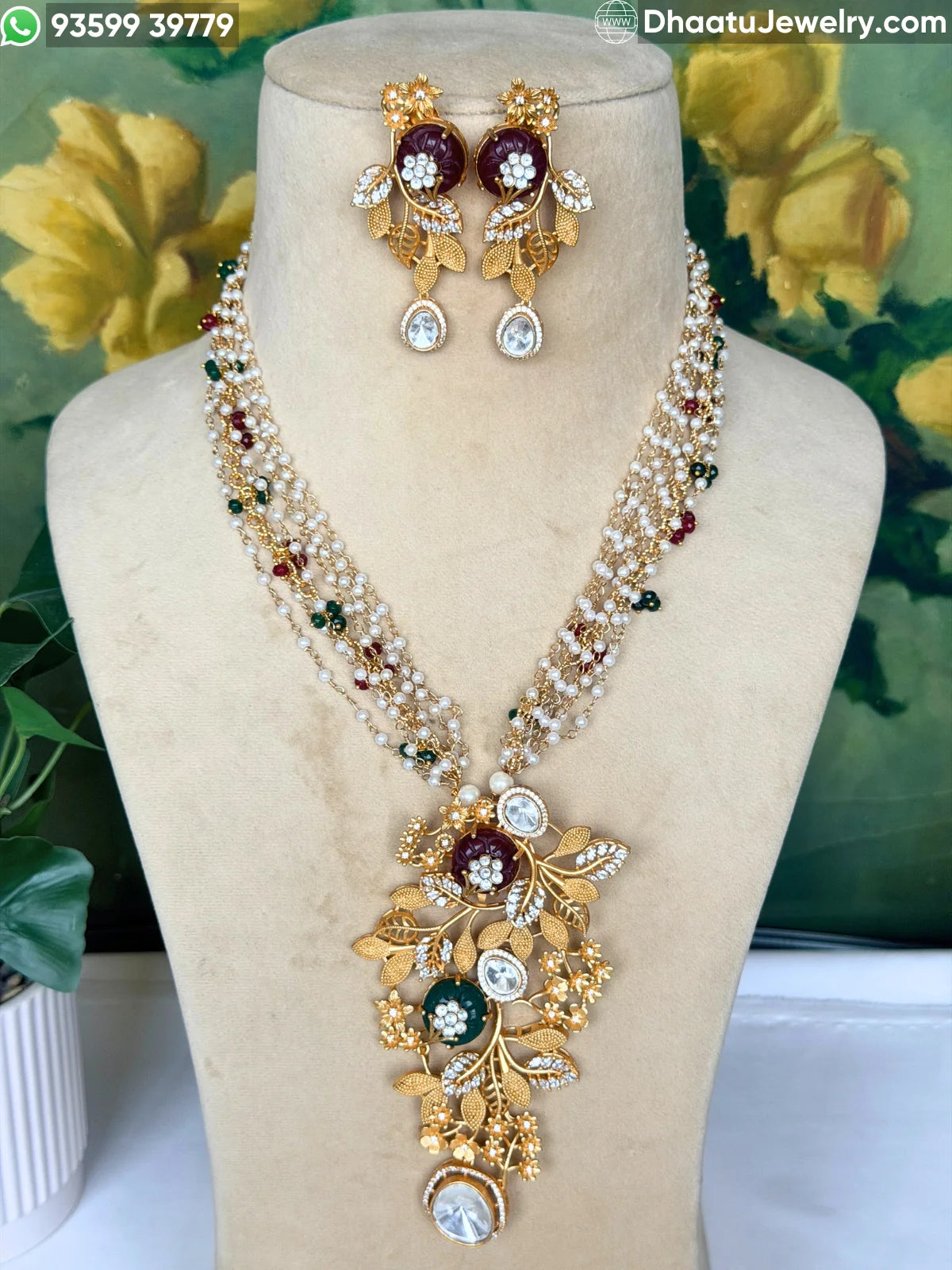 Gold-Finished Brass Floral Kundan & Pearl Layered Necklace Set with Matching Earrings