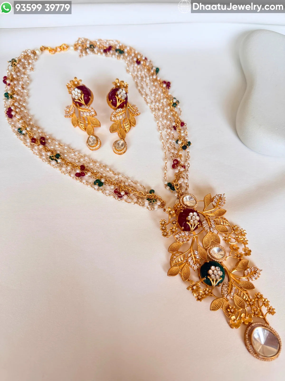 Gold-Finished Brass Floral Kundan & Pearl Layered Necklace Set with Matching Earrings