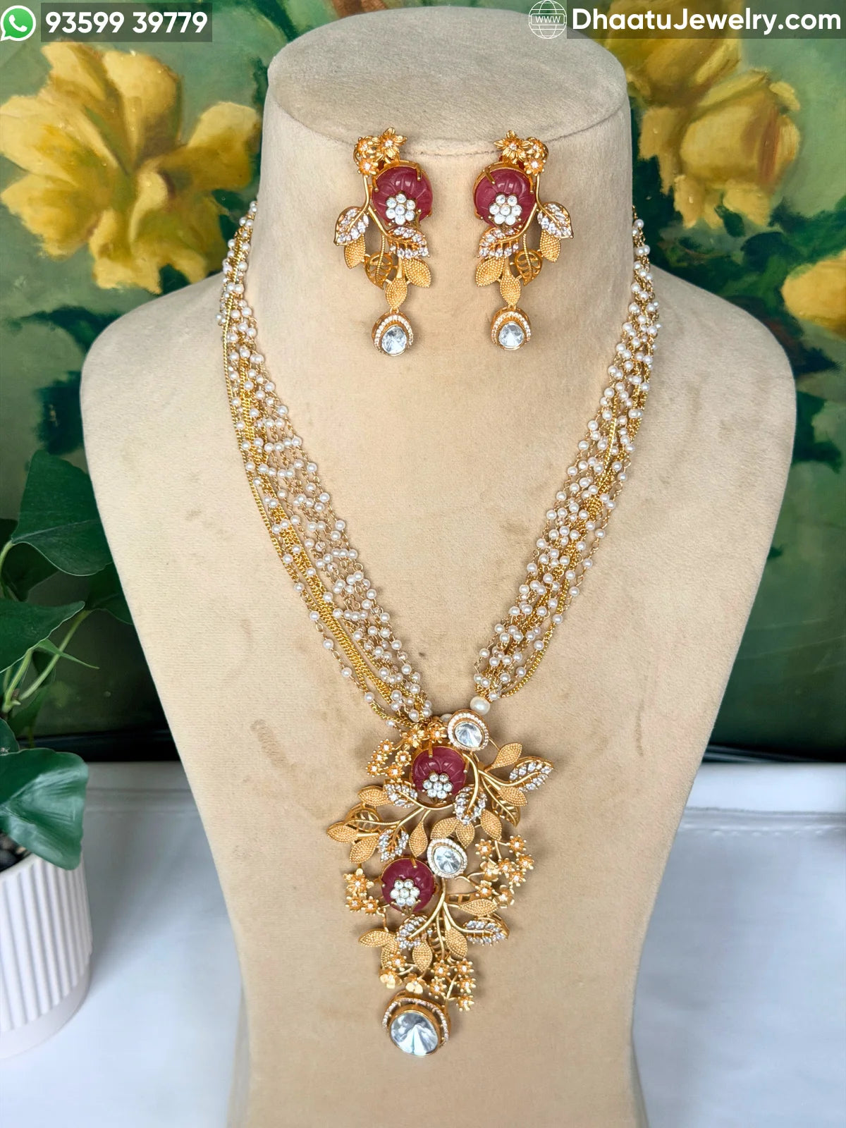 Gold-Finished Brass Floral Kundan & Pearl Layered Necklace Set with Matching Earrings