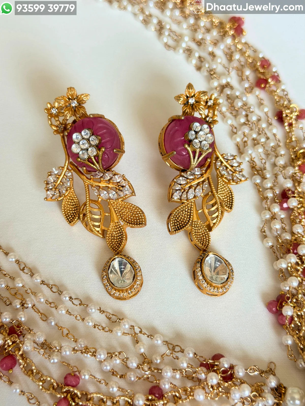 Gold-Finished Brass Floral Kundan & Pearl Layered Necklace Set with Matching Earrings