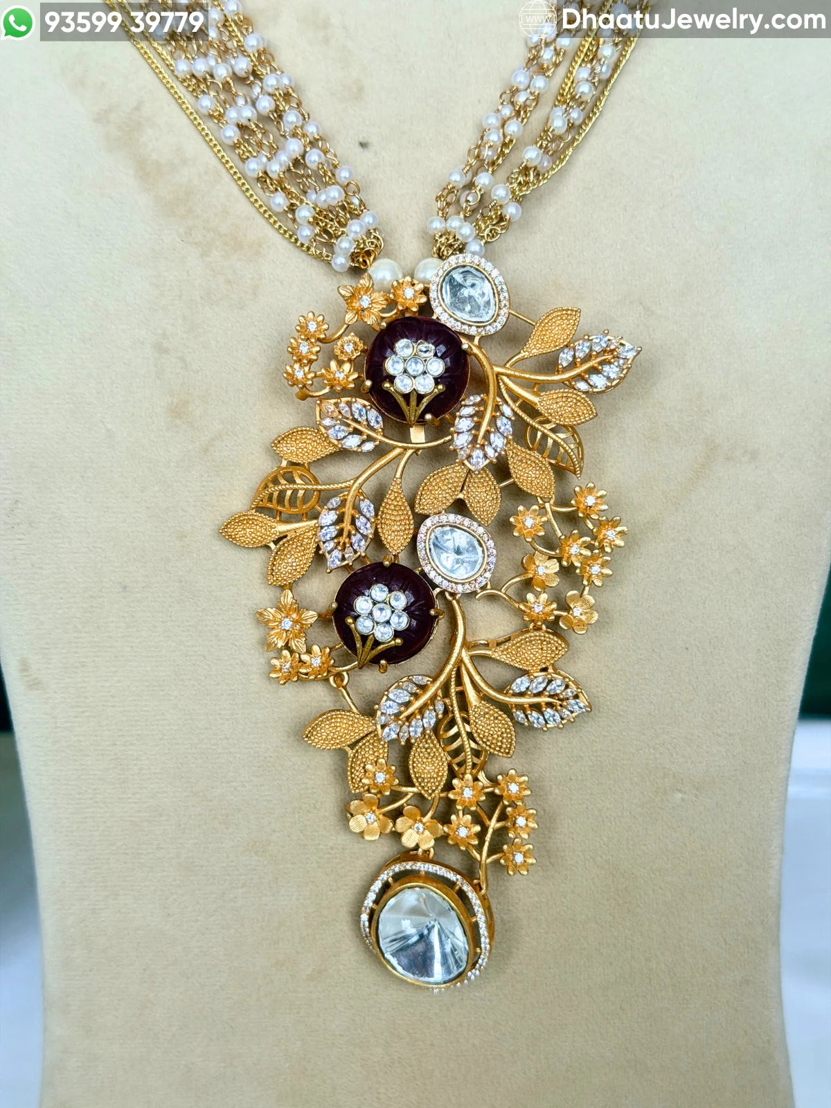 Gold-Finished Brass Floral Kundan & Pearl Layered Necklace Set with Matching Earrings