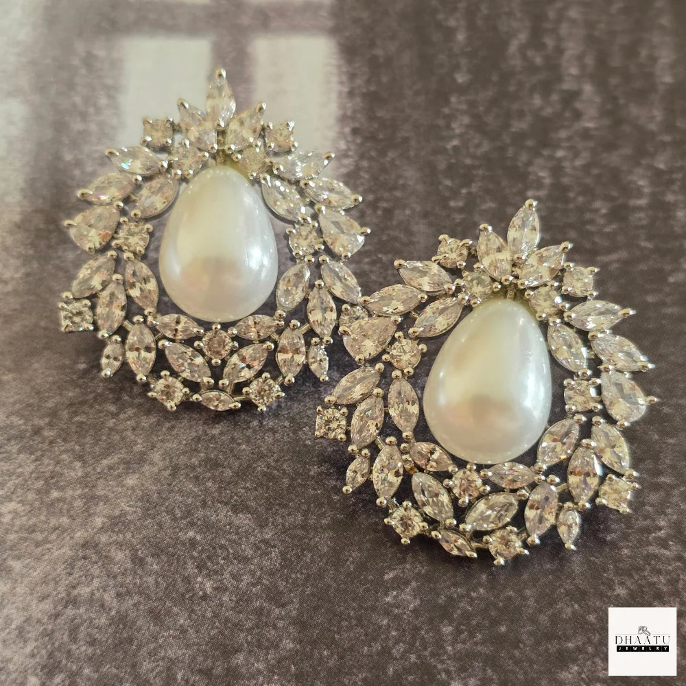 Lustrous Teardrop Pearl & American Diamond (AD) Halo Stud Earrings (Available in Gold & Silver)