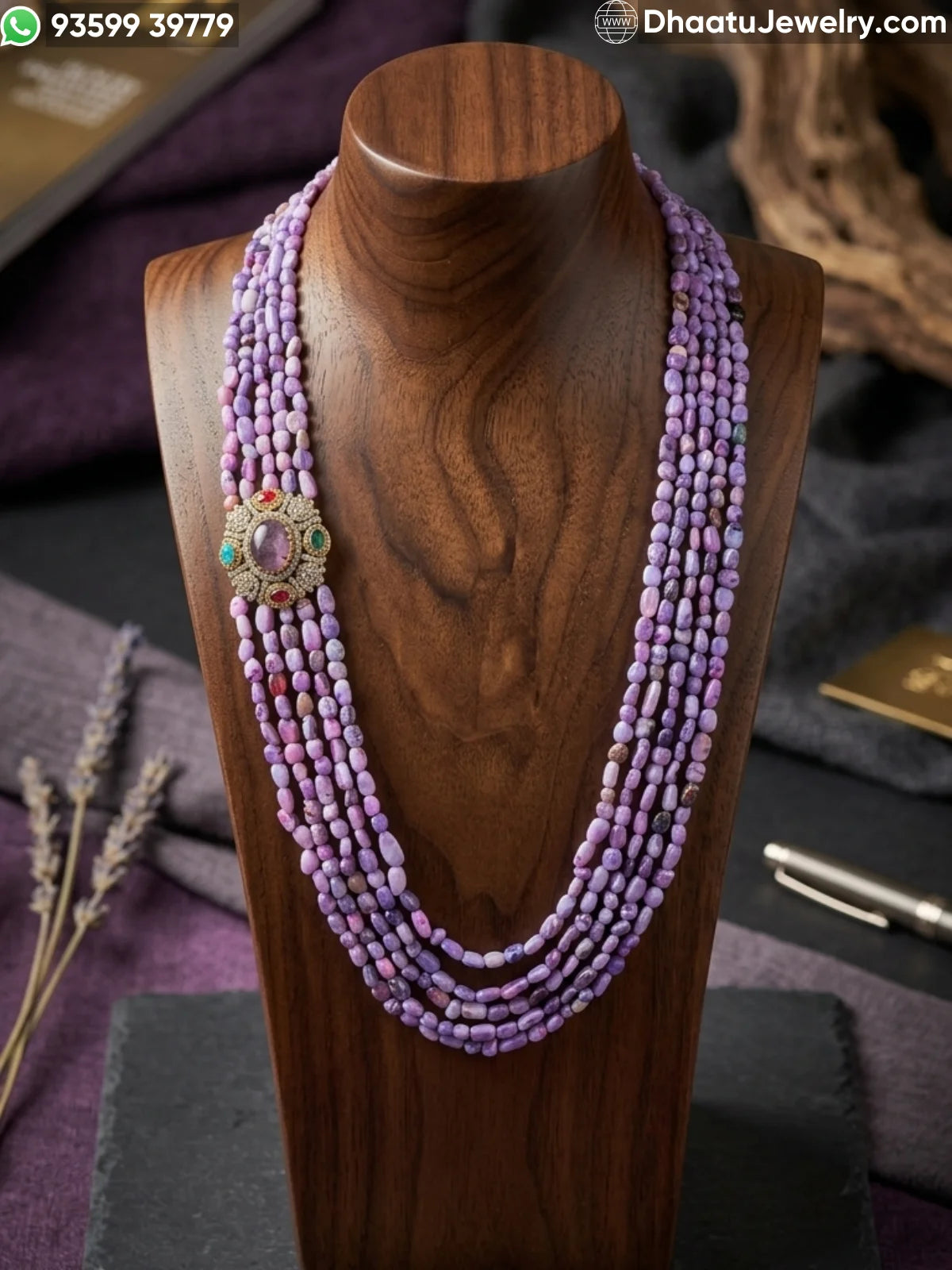 Lavender Phosphosiderite Natural Stone Jewelry Combo: 6-Layer Choker (23cm) & 5-Layer Matinee Necklace (60cm) with Side-Mounted Gemstone Pendant