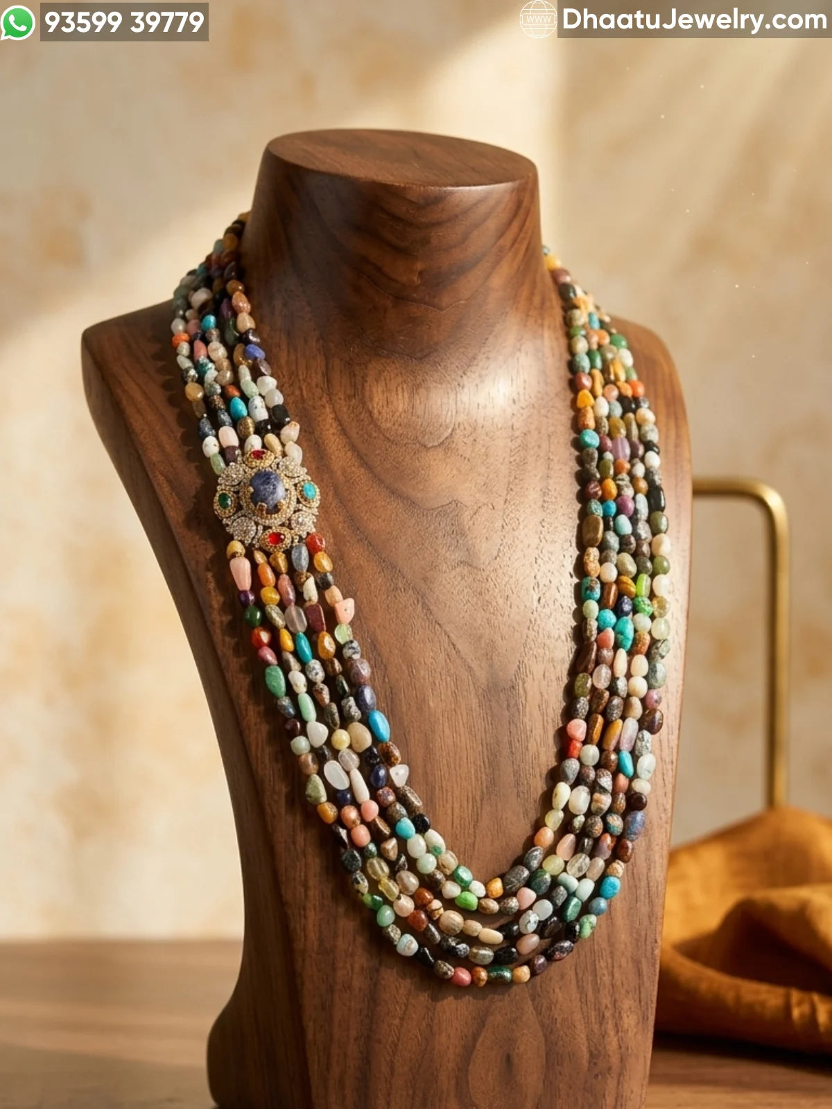 Multi-Color Natural Mixed Gemstone 2-Piece Jewelry Set: 6-Layer Choker & 60cm Matinee Long Necklace with Side Pendant