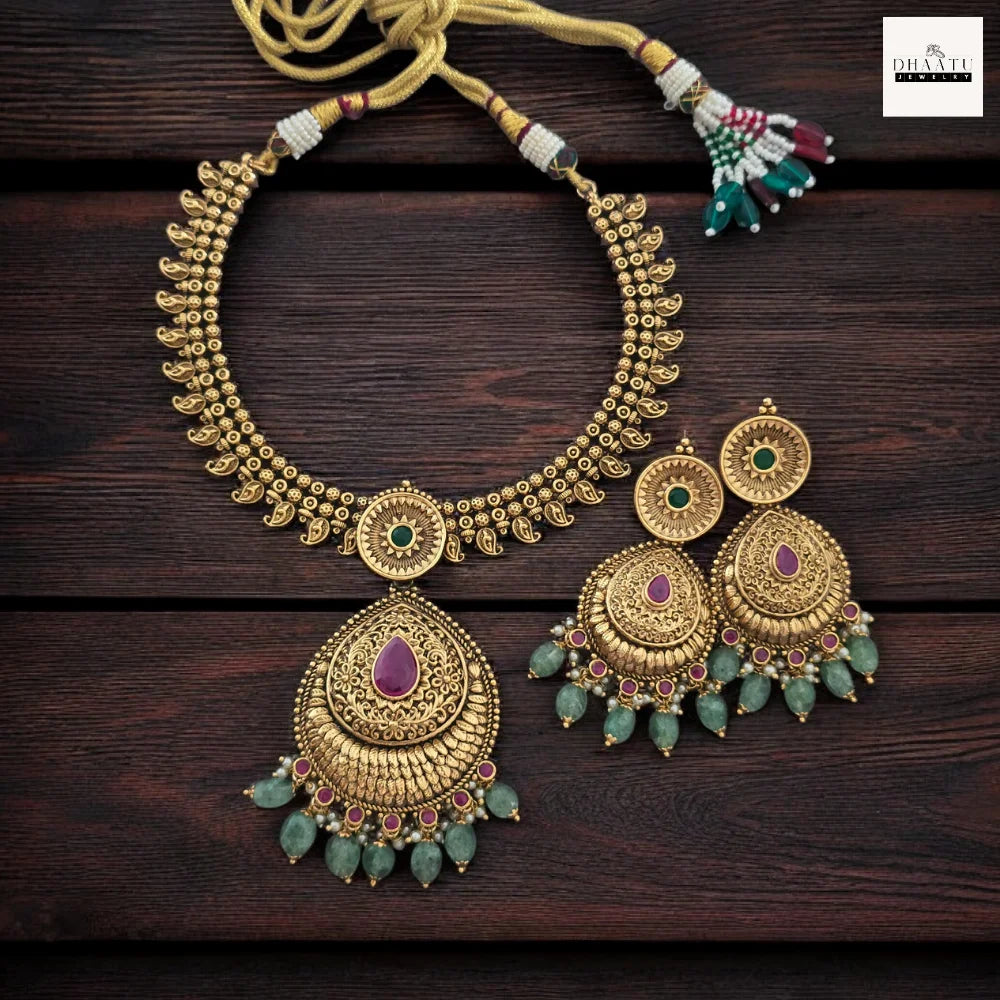 Antique Gold-Plated Temple Jewelry Set - Intricate Ruby & Emerald Floral Choker with Green Bead Droplets