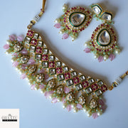 Vibrant Pink & Mint Green Meenakari Polki/Kundan Style Choker Necklace & Earrings Set