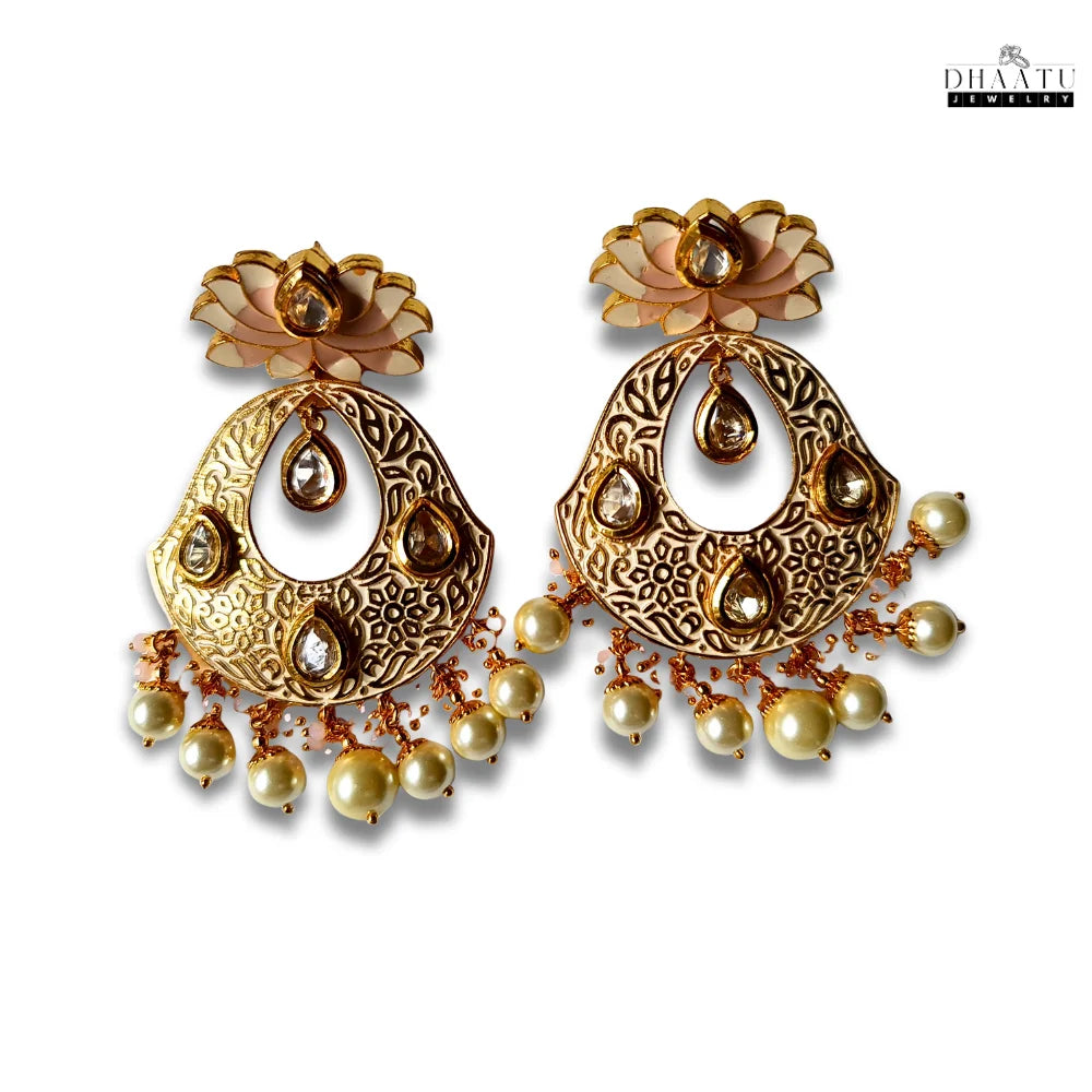 Pristine Gold Plated Lotus Meenakari Earrings with Kundan and Pearls