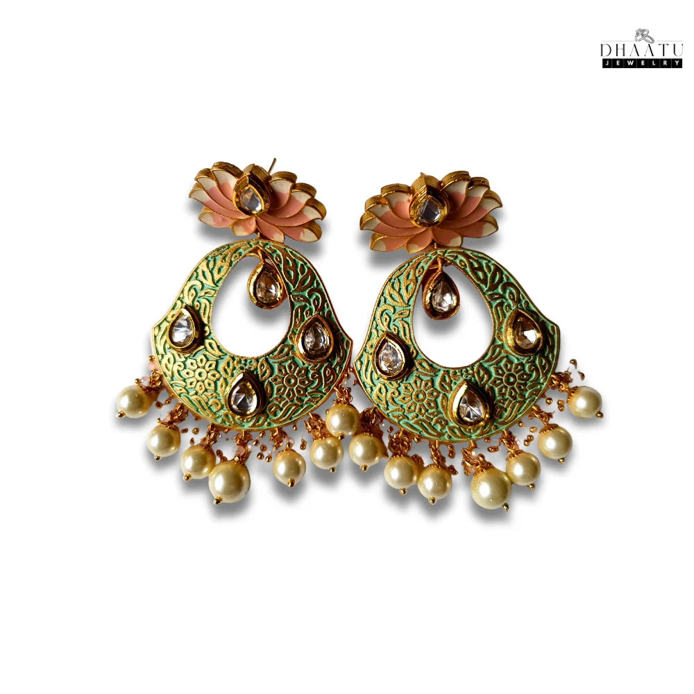 Pristine Gold Plated Lotus Meenakari Earrings with Kundan and Pearls