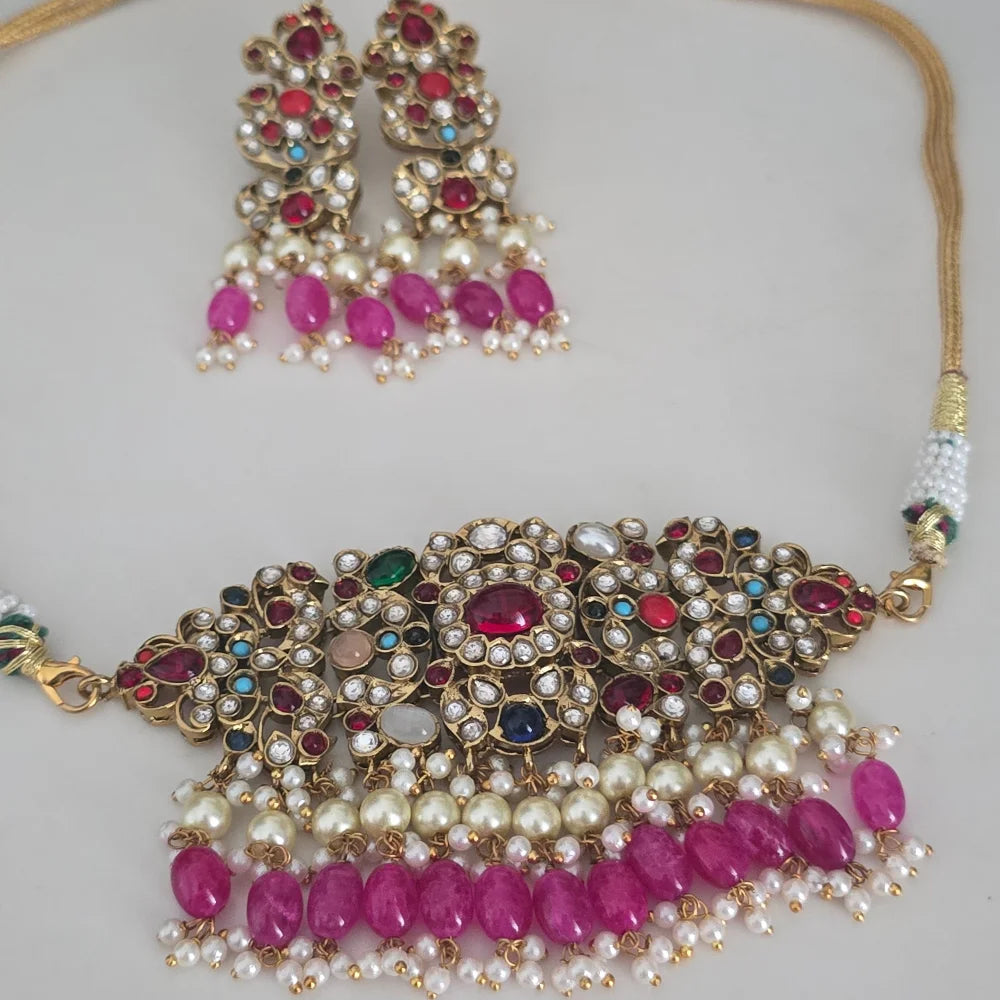 Handcrafted Navratna Kundan Choker Set with Natural Gemstones & Pearl Drops
