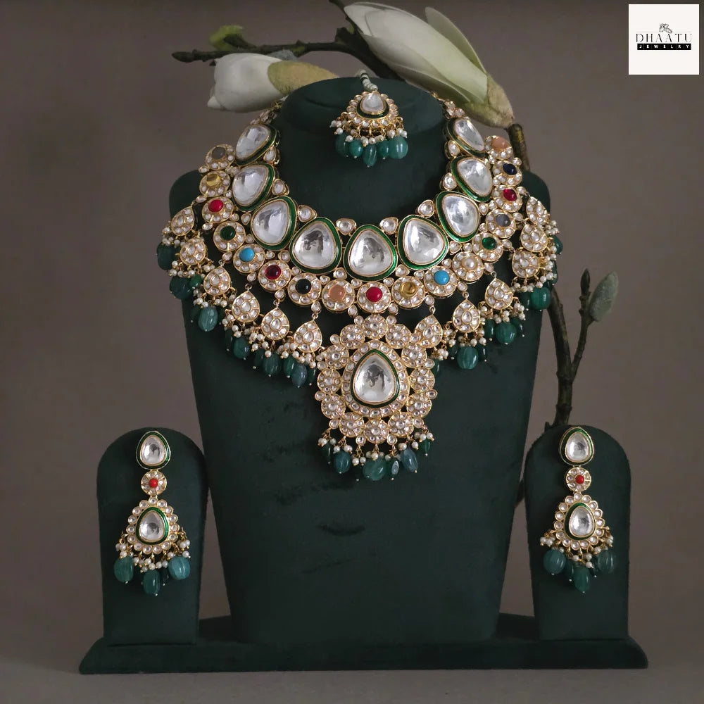 Handcrafted Kundan Bridal Necklace Set with Natural Multi-Colored Gemstones