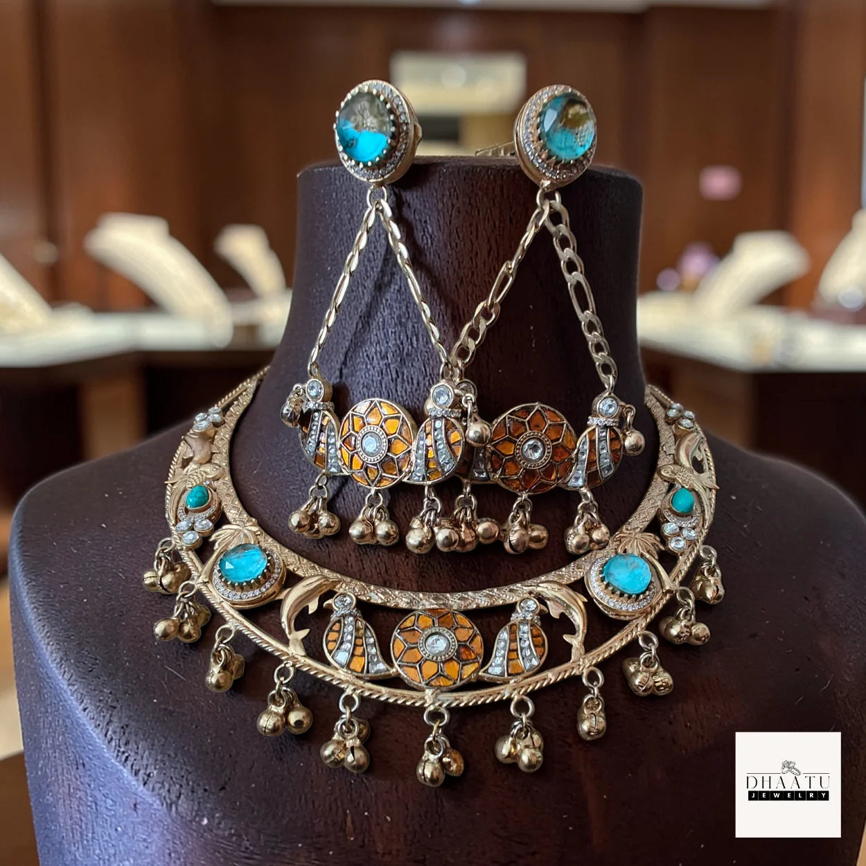 Handcrafted Meenakari & Turquoise Gold-Plated Fusion Choker Set with Peacock Motifs and Ghungroo Drops