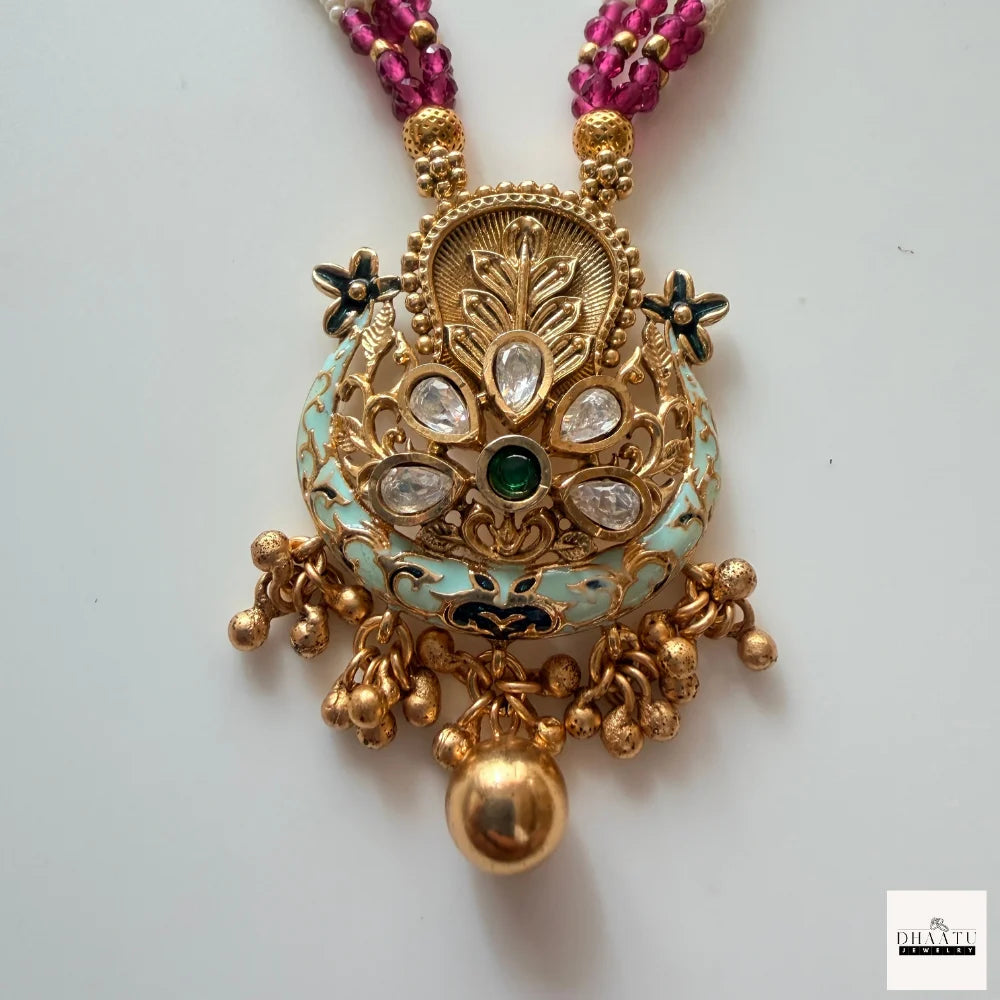 Antique Kundan & Meenakari Chandbali Pendant Necklace Set with Seed Pearl Layers