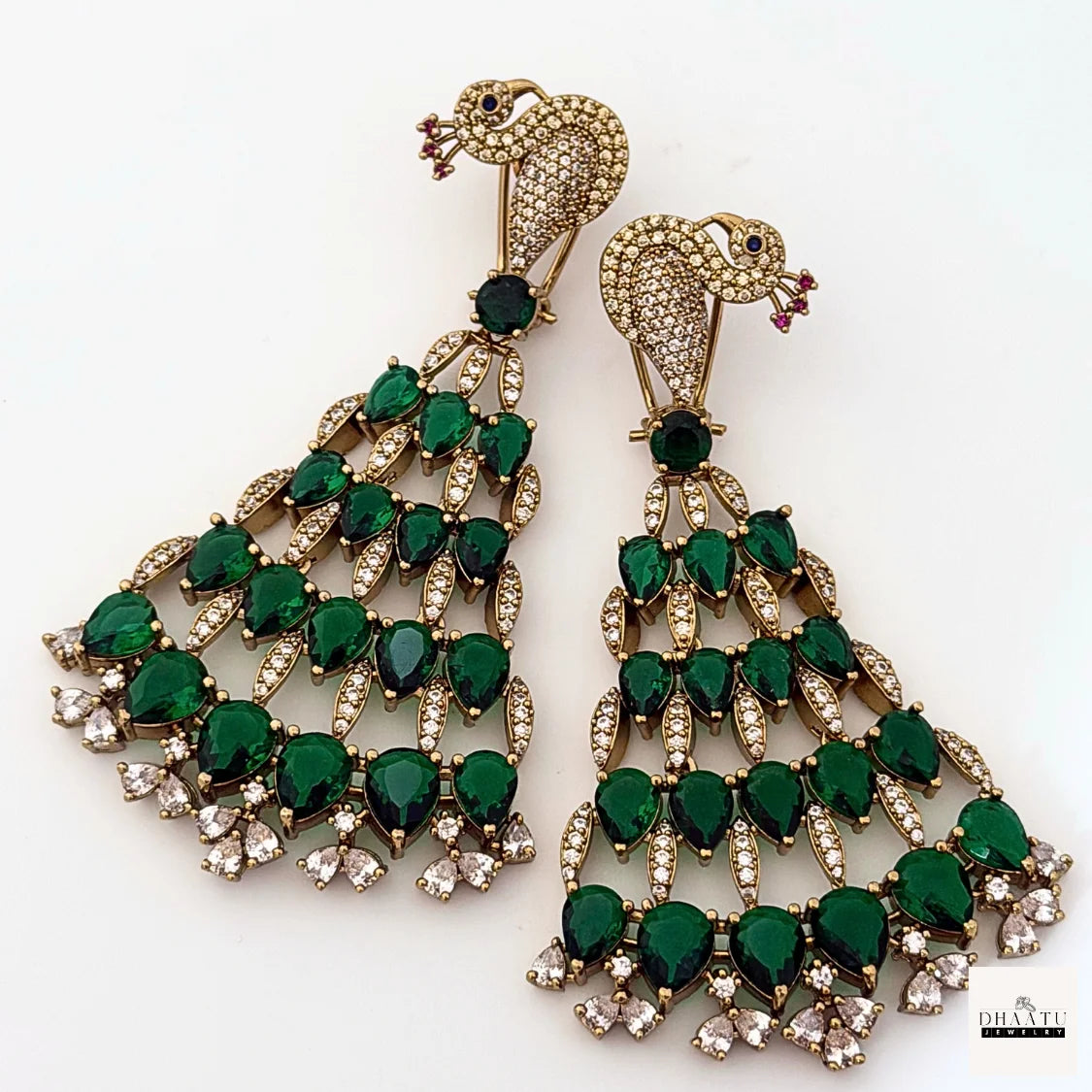 Regal Peacock Motif Zircon Chandelier Earrings - Antique Gold | Cubic Zirconia Statement Jewelry