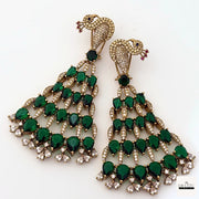 Regal Peacock Motif Zircon Chandelier Earrings - Antique Gold | Cubic Zirconia Statement Jewelry