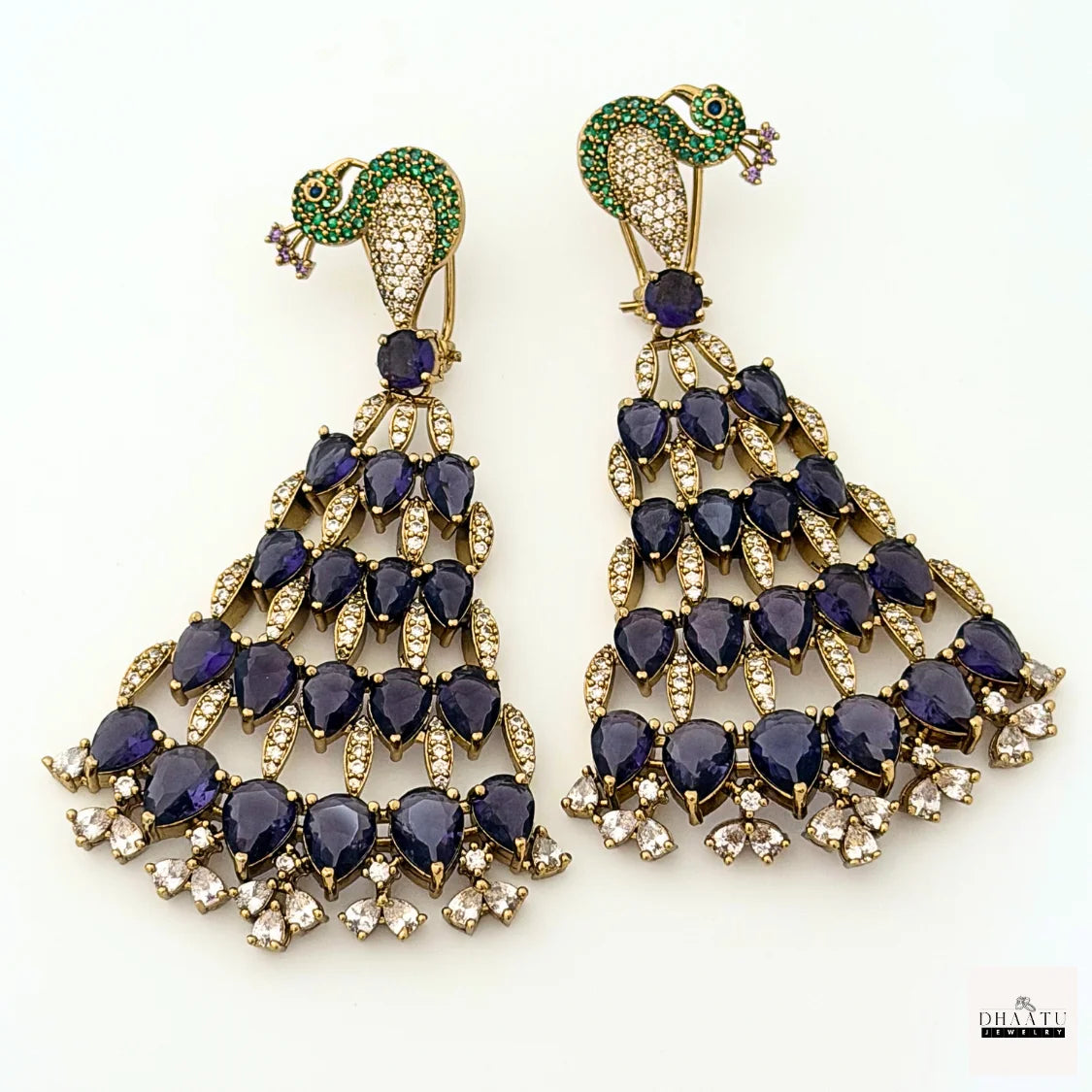Regal Peacock Motif Zircon Chandelier Earrings - Antique Gold | Cubic Zirconia Statement Jewelry
