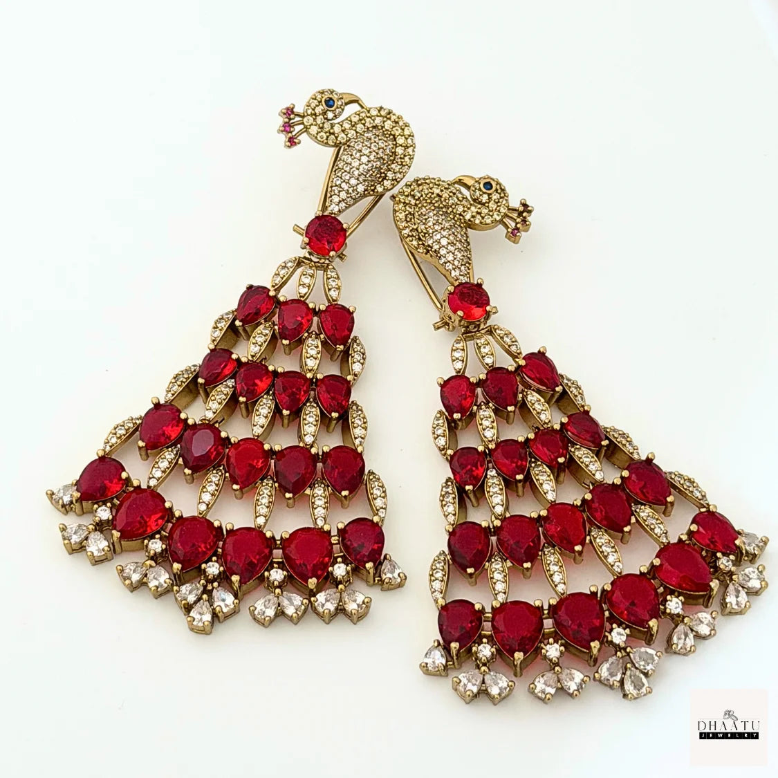 Regal Peacock Motif Zircon Chandelier Earrings - Antique Gold | Cubic Zirconia Statement Jewelry