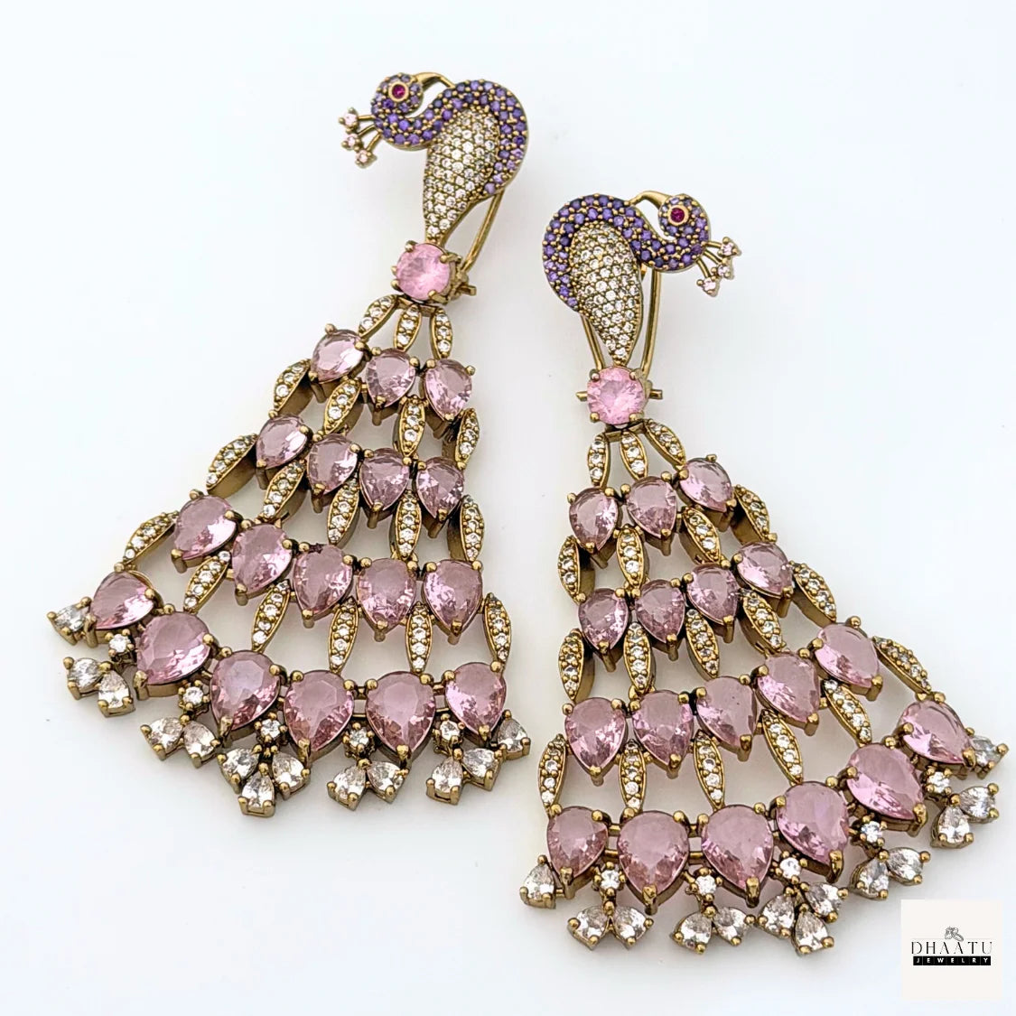 Regal Peacock Motif Zircon Chandelier Earrings - Antique Gold | Cubic Zirconia Statement Jewelry