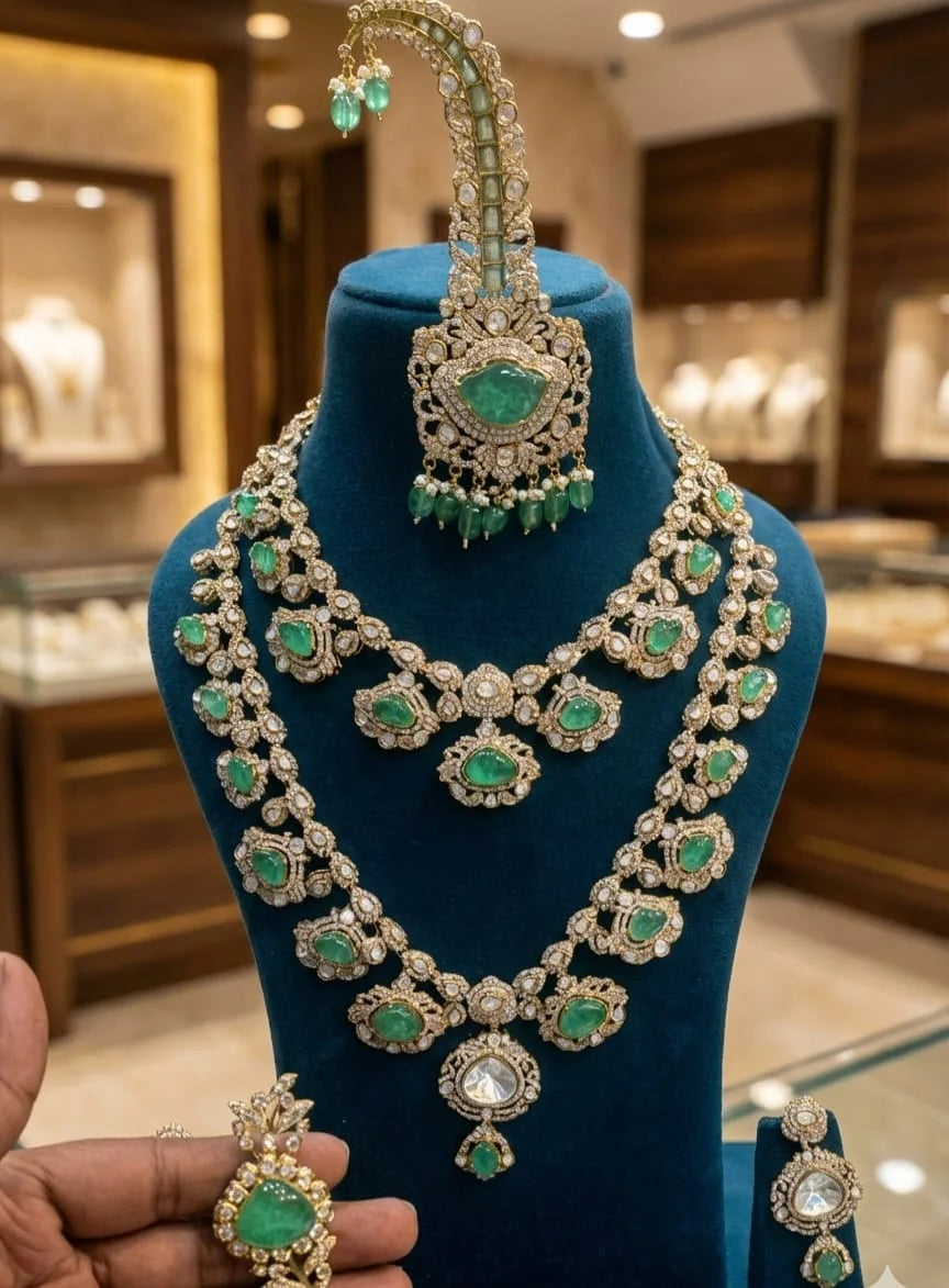 Majestic Mint Green Kundan & Polki Groom’s Jewelry Set – Layered Necklace, Kalgi, and Brooch