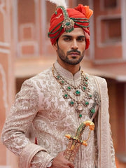 Majestic Mint Green Kundan & Polki Groom’s Jewelry Set – Layered Necklace, Kalgi, and Brooch