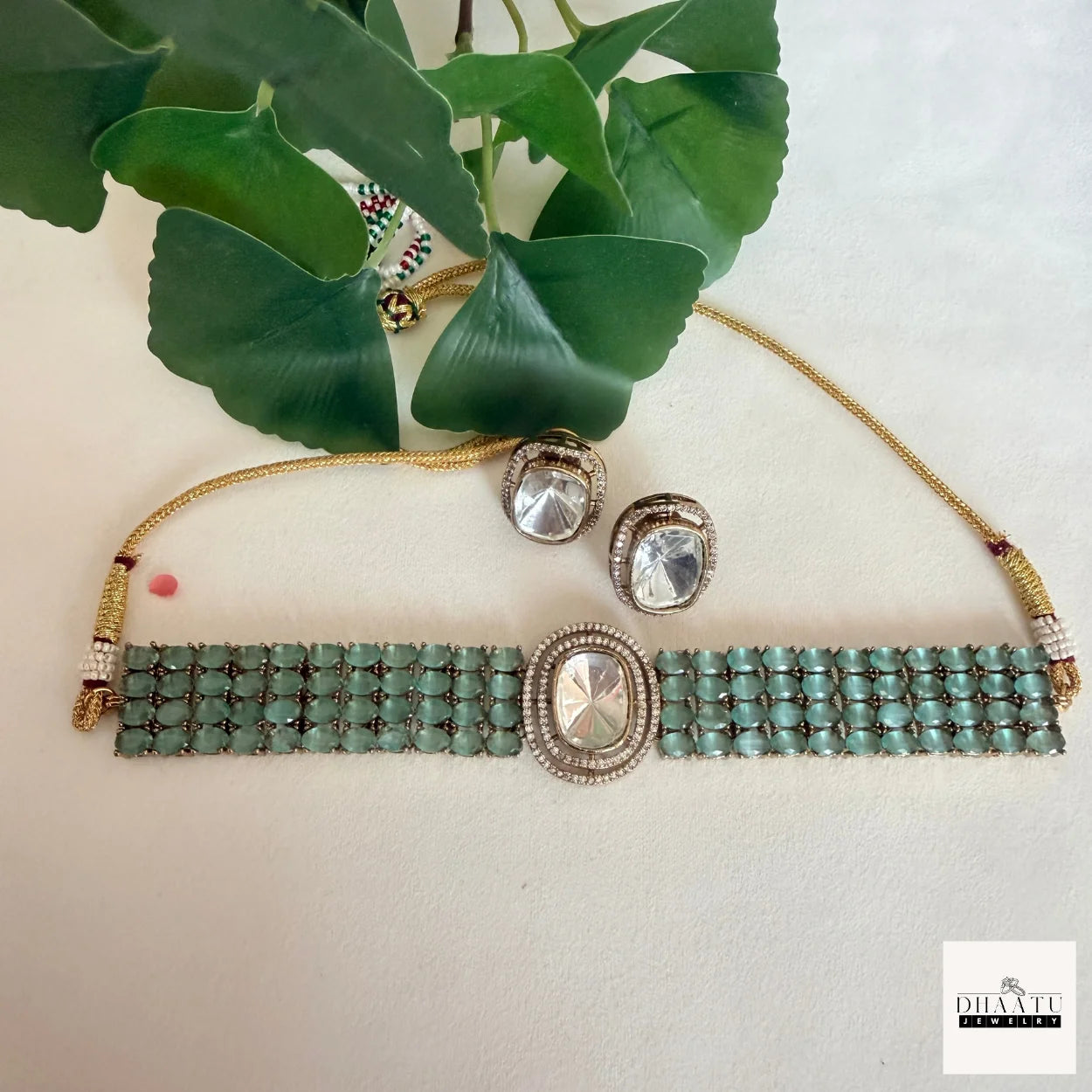 Handcrafted 4-Line Kundan Fusion Choker Set with Matching Studs – Available in Pastel Pink & Mint Green
