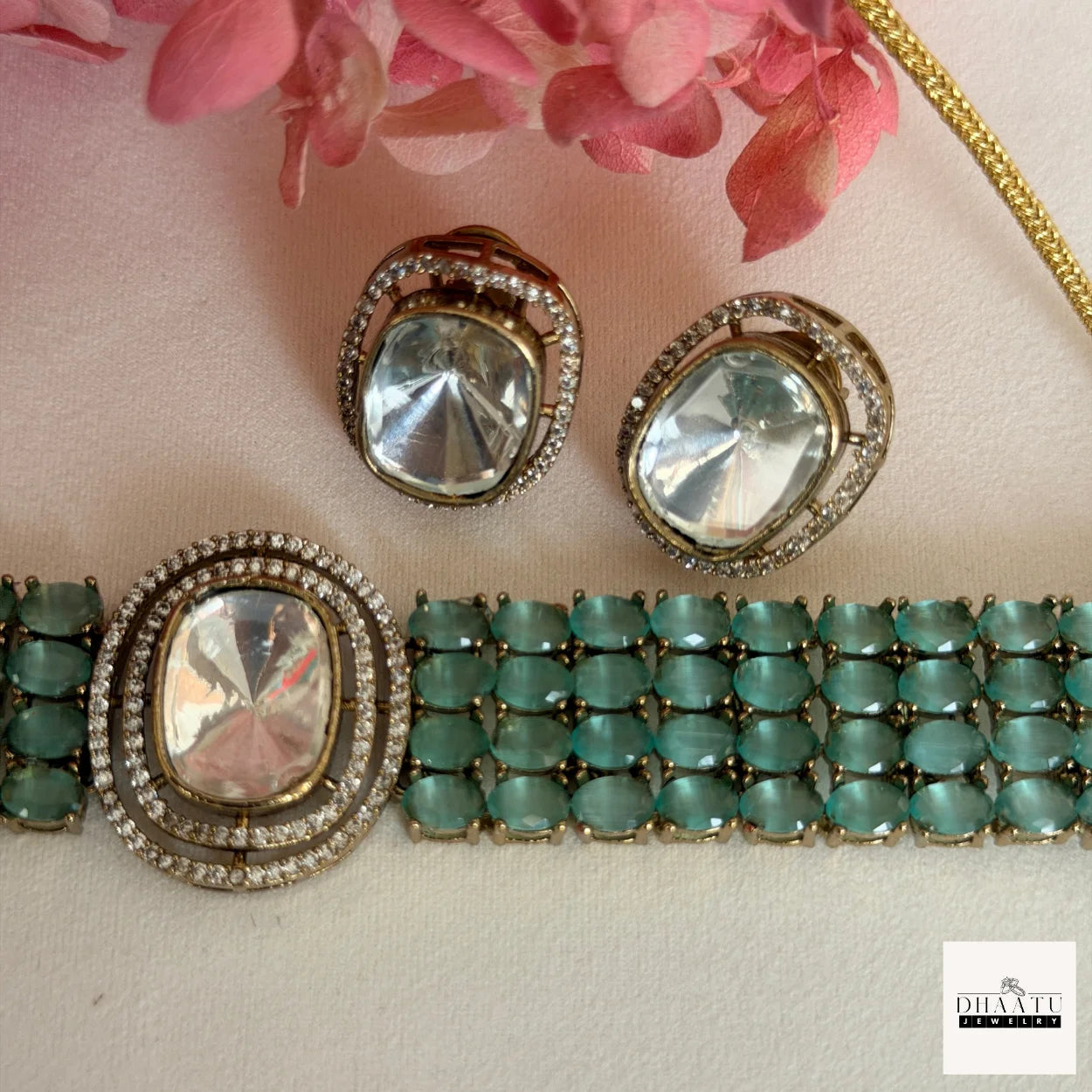 Handcrafted 4-Line Kundan Fusion Choker Set with Matching Studs – Available in Pastel Pink & Mint Green