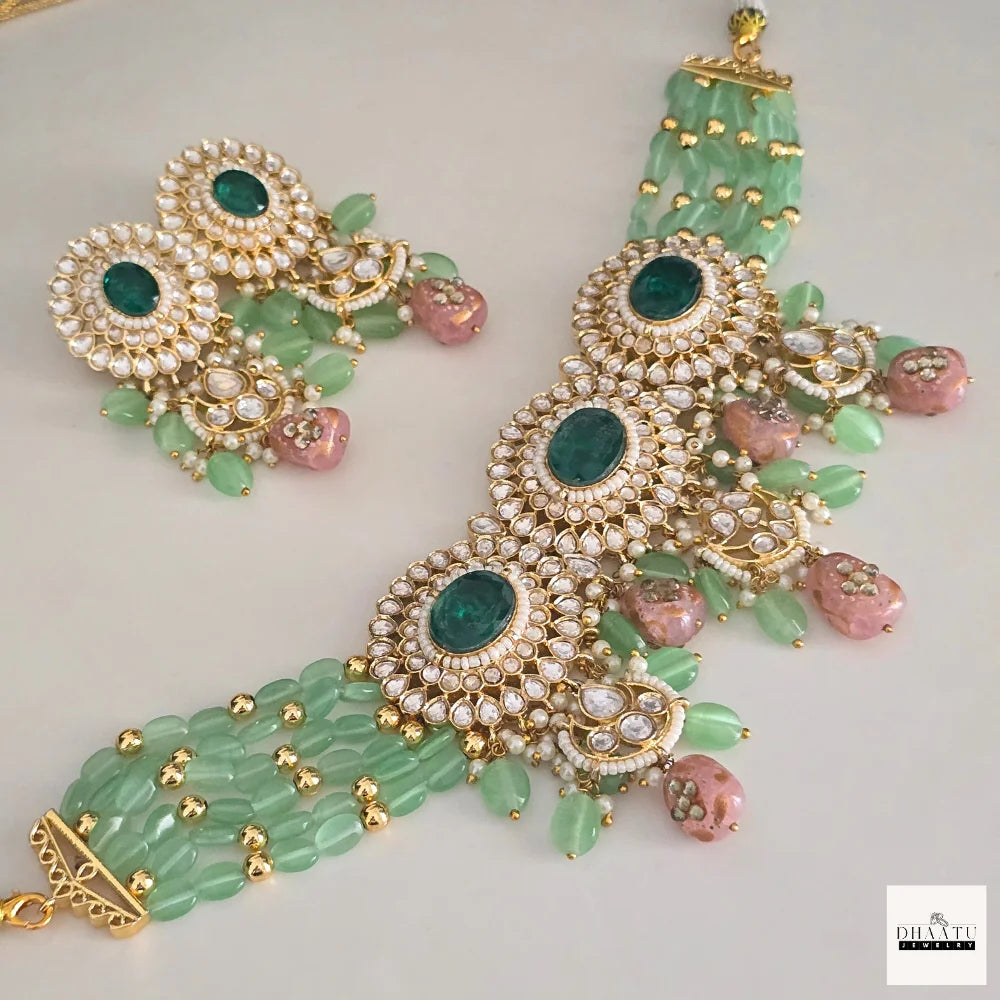 Regal Polki Style Green & Pink Beaded Choker Necklace and Earring Set | Indian Wedding Jewelry