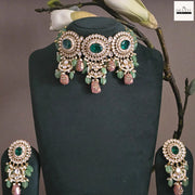 Regal Polki Style Green & Pink Beaded Choker Necklace and Earring Set | Indian Wedding Jewelry