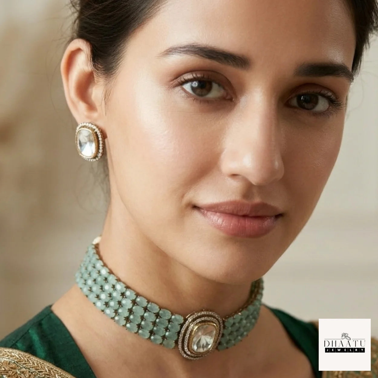 Handcrafted 4-Line Kundan Fusion Choker Set with Matching Studs – Available in Pastel Pink & Mint Green